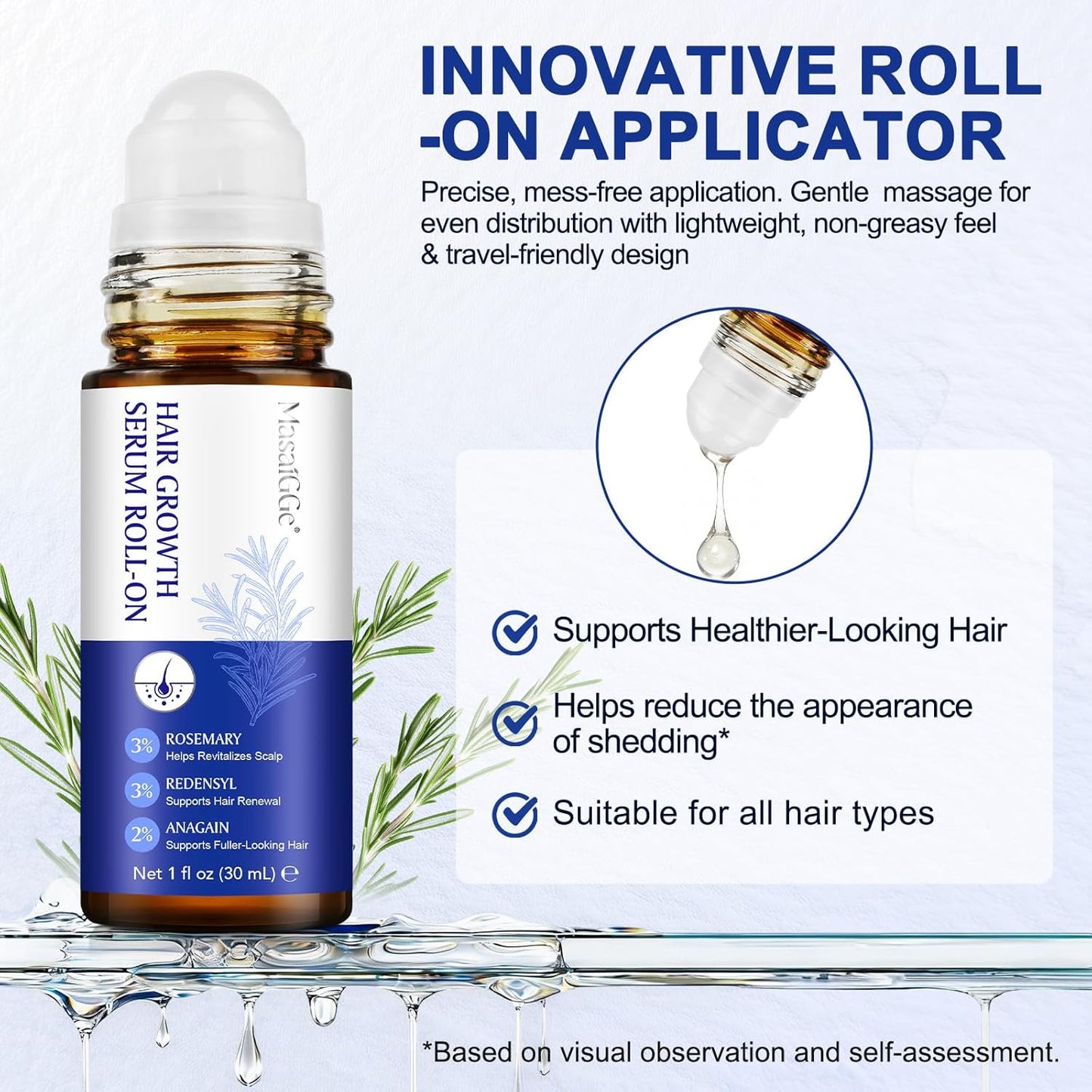 Hair Growth Serum Roll-On - Nourishing 30ml Oil with 3% Rosemary & Redensyl | Supports Scalp Health