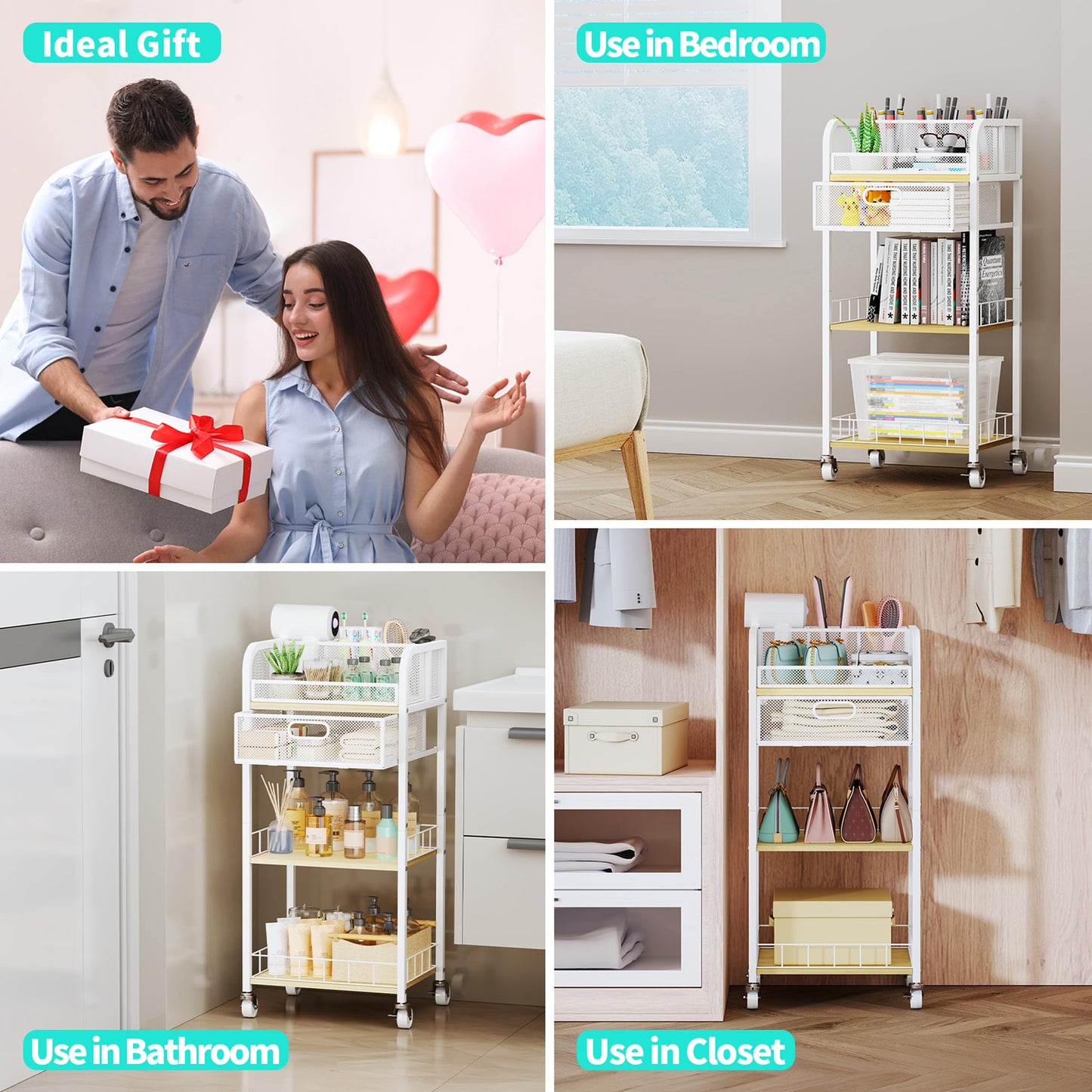 HapiRm Makeup Organizer Storage Cart - 4 Tier Skincare Make Up Storage with Drawer, Rolling Makeup Cart Vanity Organizer Cosmetics Display Cases Holder for Skin Care Perfume Nail Polish Brush