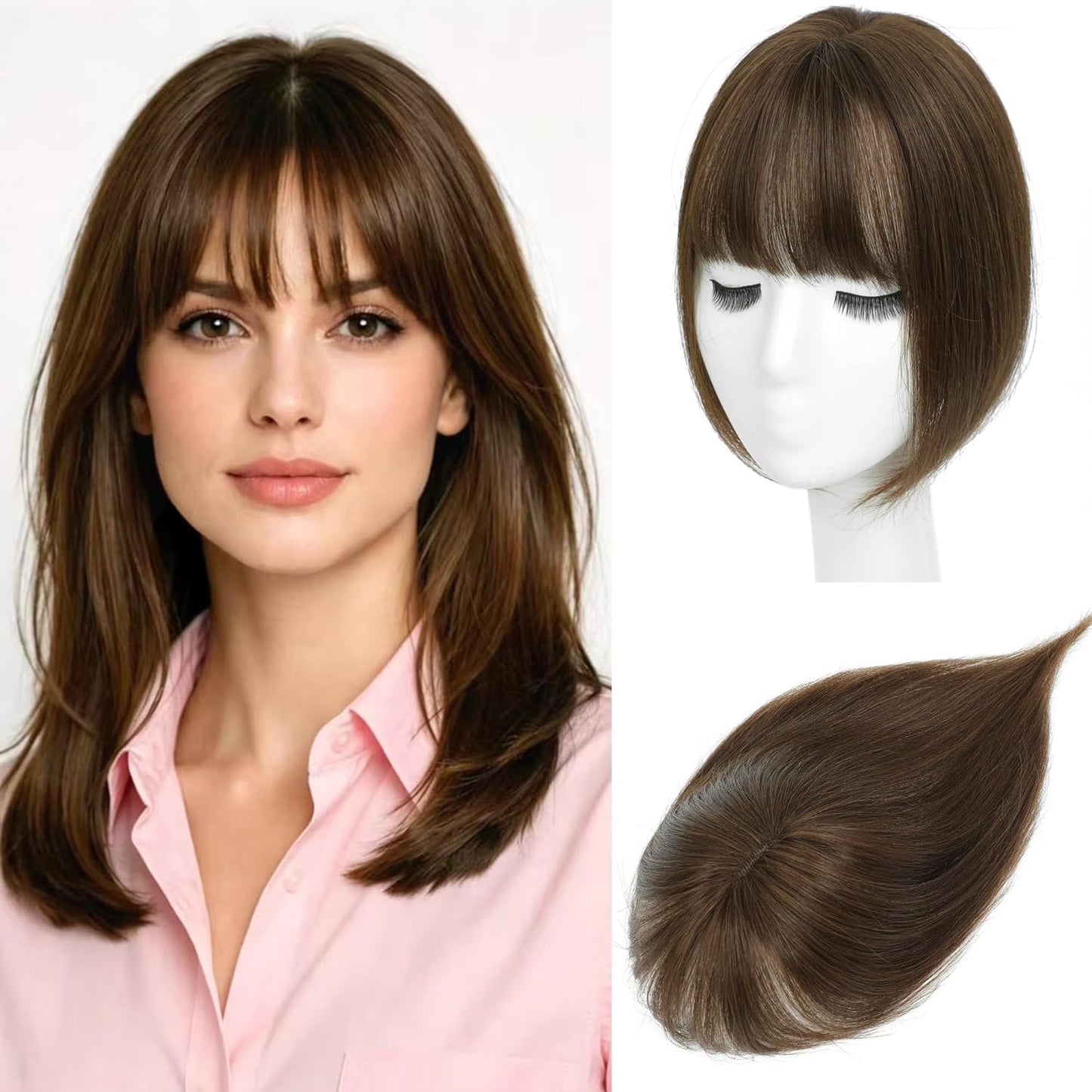 Human Hair Toppers for Women - Real Hair Pieces with Bangs | 360° Coverage, 10-Inch, 30g