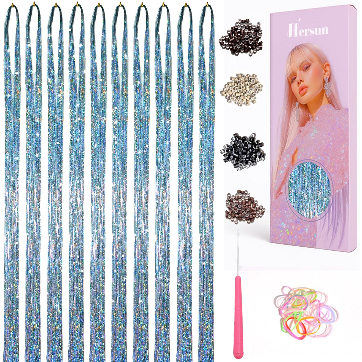 Hersun Hair Tinsel Kit - 10 Colors, 3200 Strands, 48in | Heat-Resistant Fairy Hair Extensions for Parties & Festivals