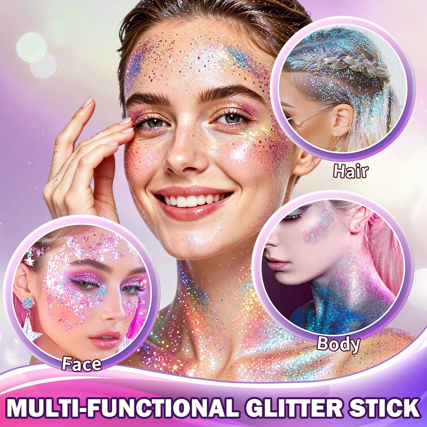 Face Hair Glitter Stick, Red White Blue Body Sparkle, Hair Shimmer Mermaid Sequins Patriotic Accessories Glitter Gel for Women Music Singer Festival Rave Party Outfit Lips Eyes Makeup #08