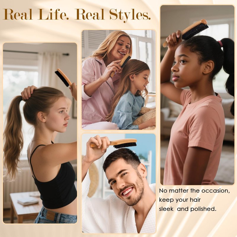 STYLEMATE Boar Bristle Slick Back Hair Brush for Women Men, Natural Soft Bristle Hair Brush for Thin & Fine Hair, Medium Hardness Smoothing Hairbrush for Polishing, Deepening & Styling