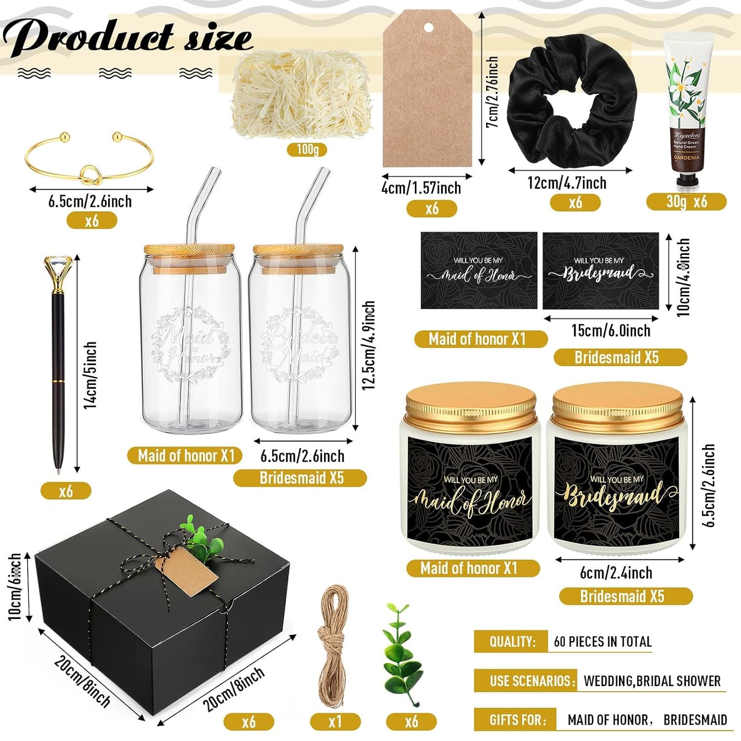 Bridesmaid Proposal Gifts Box Set - 60 Pcs Including Glass Cup, Candle, Cards & More | Black