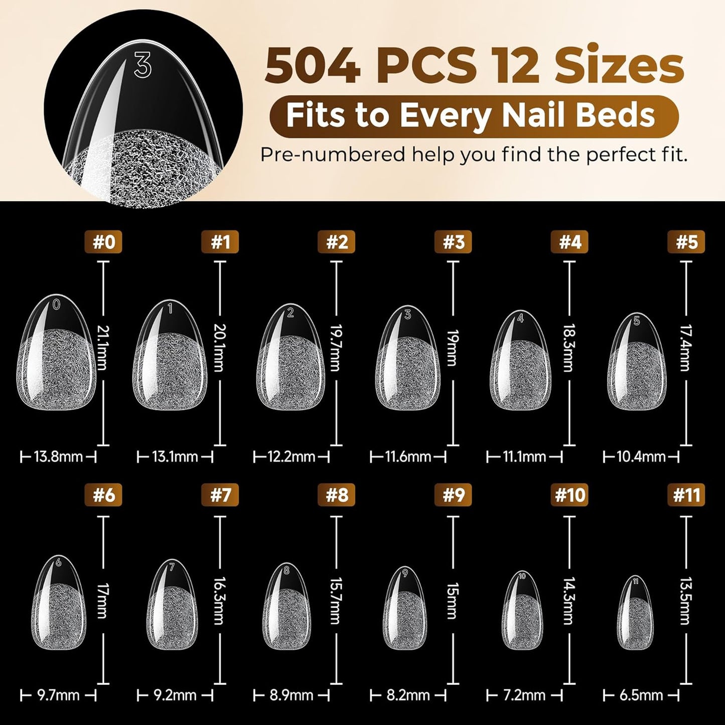 Short Oval Almond Fake Nails - 504pcs Press-On Gel Nail Tips for Home DIY & Salon | 12 Sizes Available