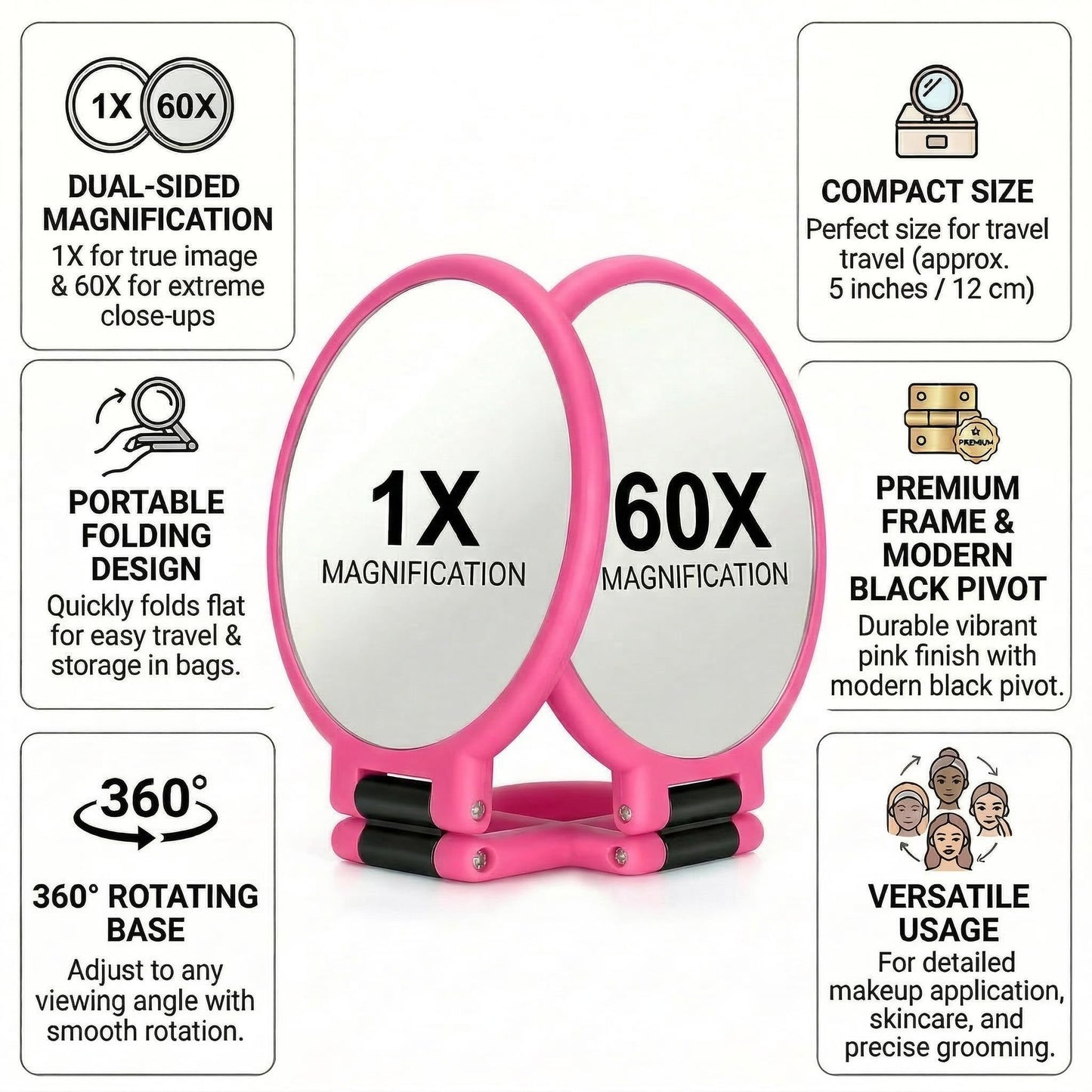 Magnifying Handheld Mirror Double Sided, 1X and 60X Magnification Hand Mirror, Travel Folding Hand Held Makeup Mirror with 360° Rotation Pedestal for Vanity, Dressing Table and Daily Use Pink