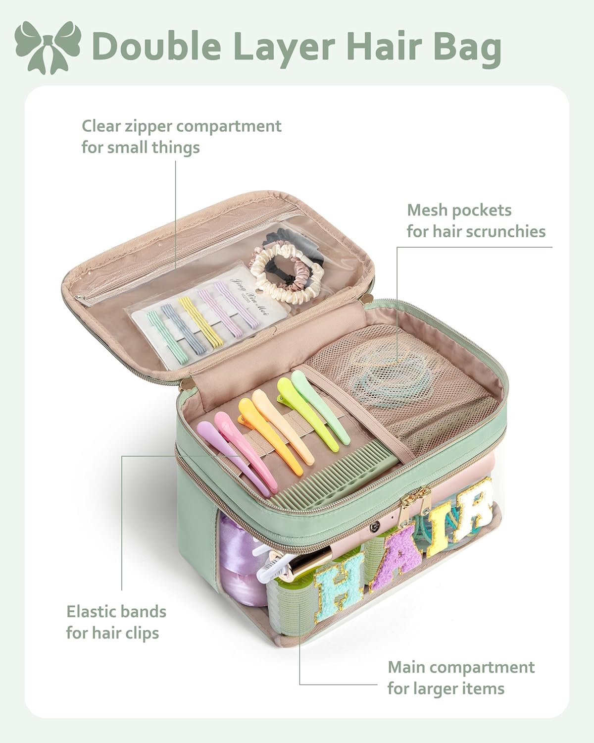 Double Layer Hair Accessories Organizer - Preppy Patch Makeup Bag | Portable Travel Cosmetic Pouch for Women - Green