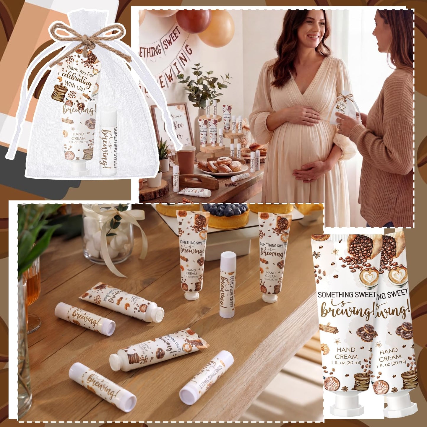 Dansib 24 Sets Coffee Themed Baby Shower Hand Cream and Lip Balm Gift, Something Sweet Is Brewing Baby Shower Party Favors for Guest Travel Size Hand Lotion and Lip Balm Bulk Birthday Party Supplies
