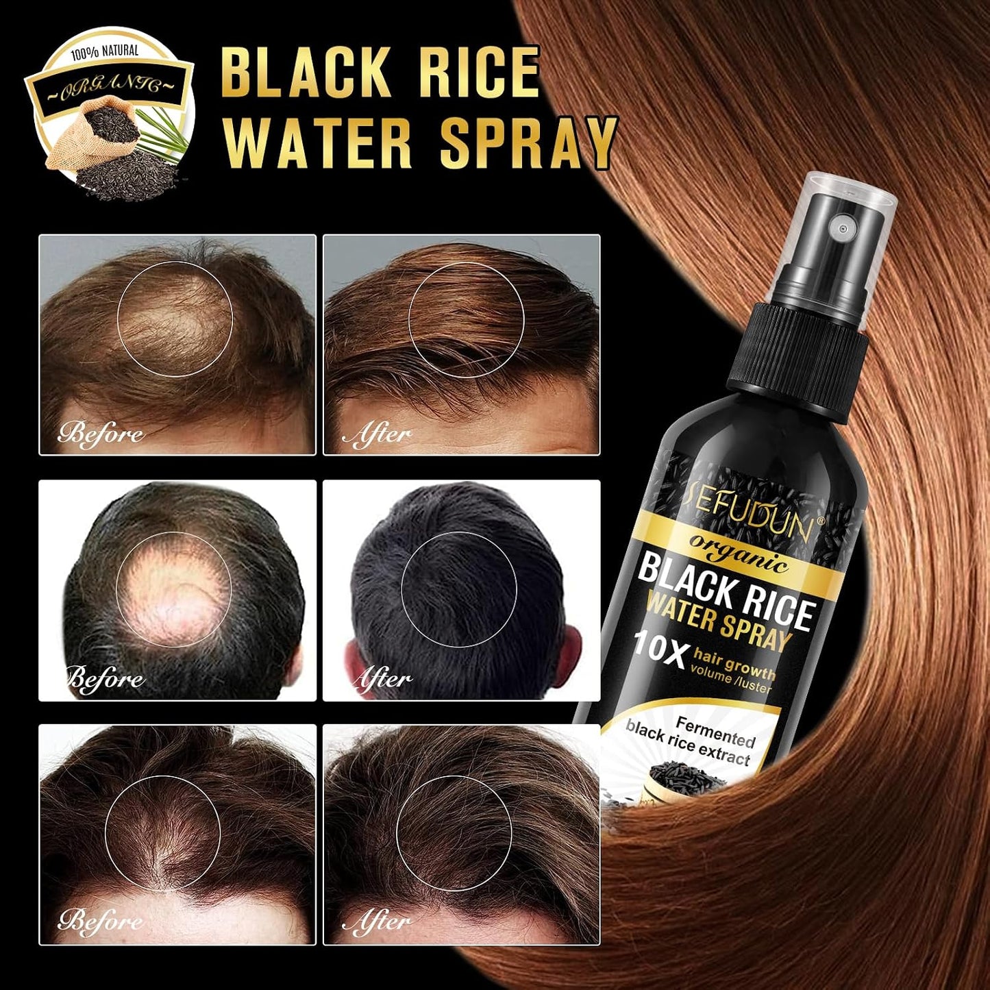 Organic Black Rice Water Spray - Hair Growth Solution with Castor Oil & Ginger Extract | 100ml/3.2 fl.oz