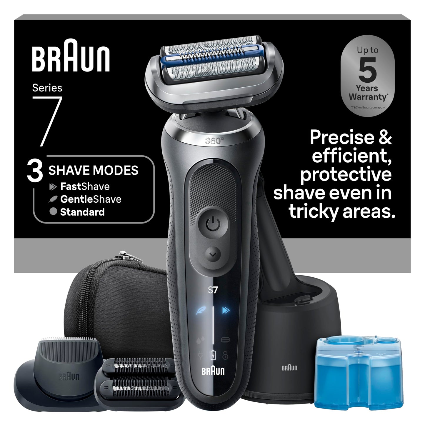 Braun Series 7 Electric Shaver for Men, Wet & Dry Foil Razor, 4-in-1 SmartCare Clean & Charge Center, Beard Trimmer Attachment, Stubble Attachment, Travel Case, Grey 7185cc