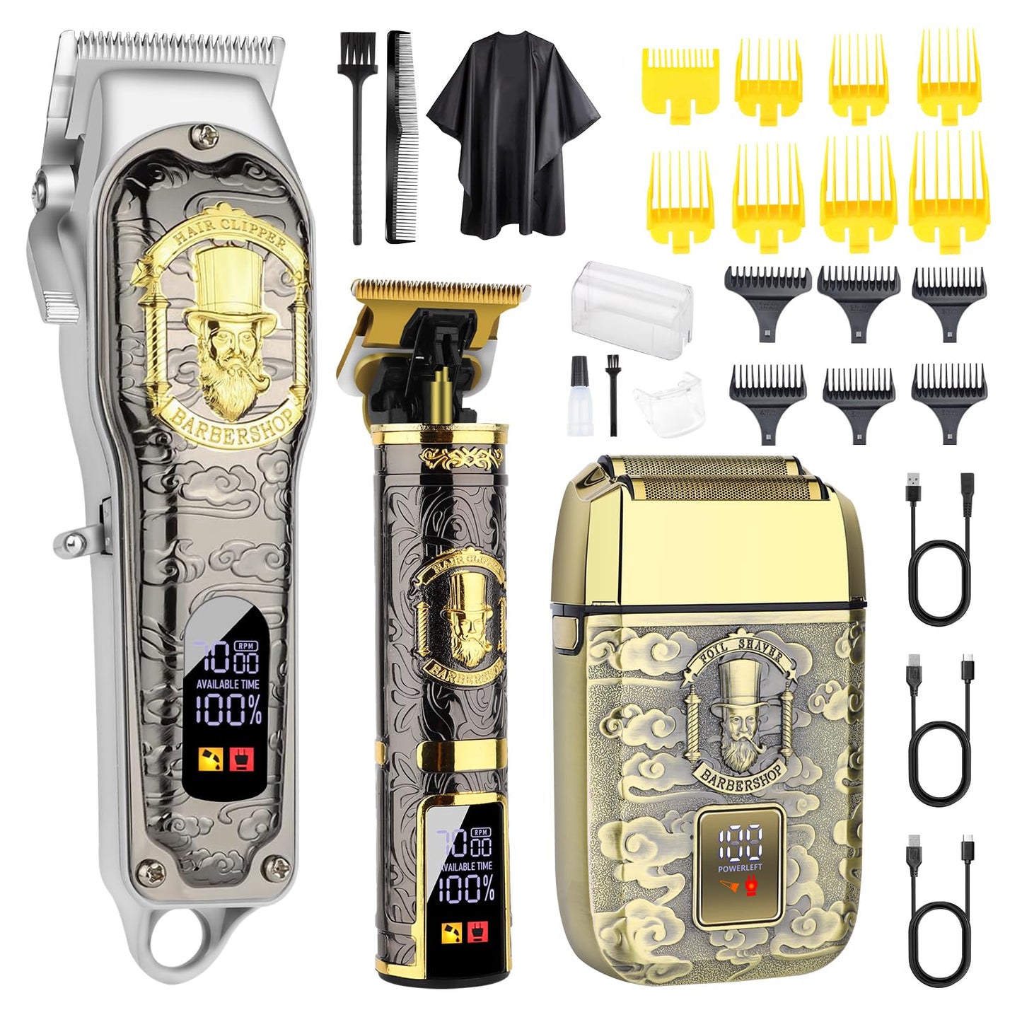 HIENA PRO Professional Hair Clipper Set for Men, Rechargeable Cordless Clippers and Trimmers Set, Electric Foil Shavers and Beard Trimmers, Hair Cutting Tools with LED Display, Gifts for Men