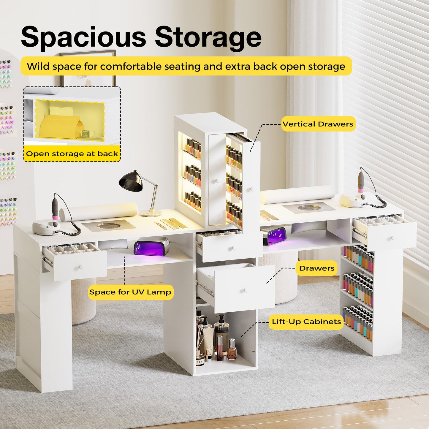 Kikihouse Double Manicure Table 76.5" Wide, 2 Person Nail Desk w/LED Light & Dust Collector, Professional Salon Workstation w/Storage Drawers, Hand Rest, for Nail Techs Beauty Salon