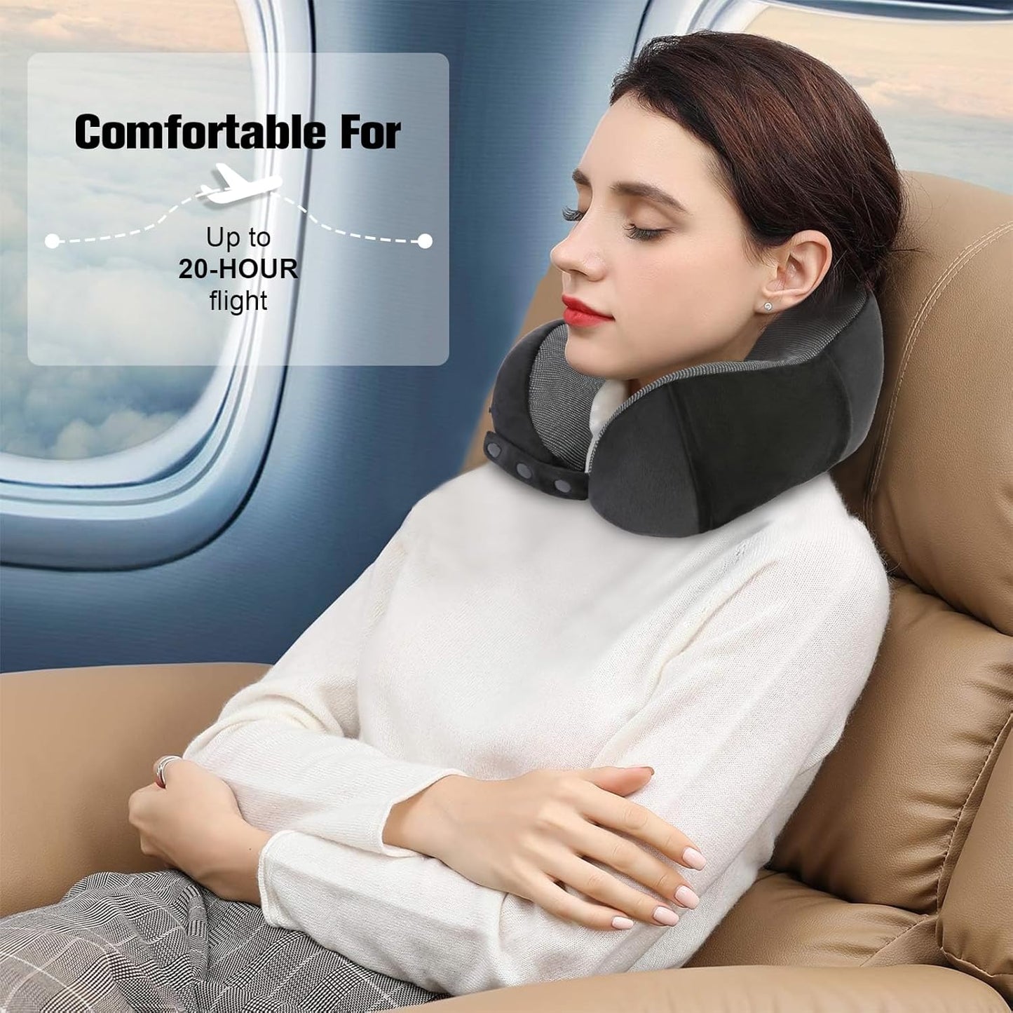 Travel Neck Pillow - 100% Pure Memory Foam with Eye Mask & Earplugs | Adjustable & Portable for Airplanes