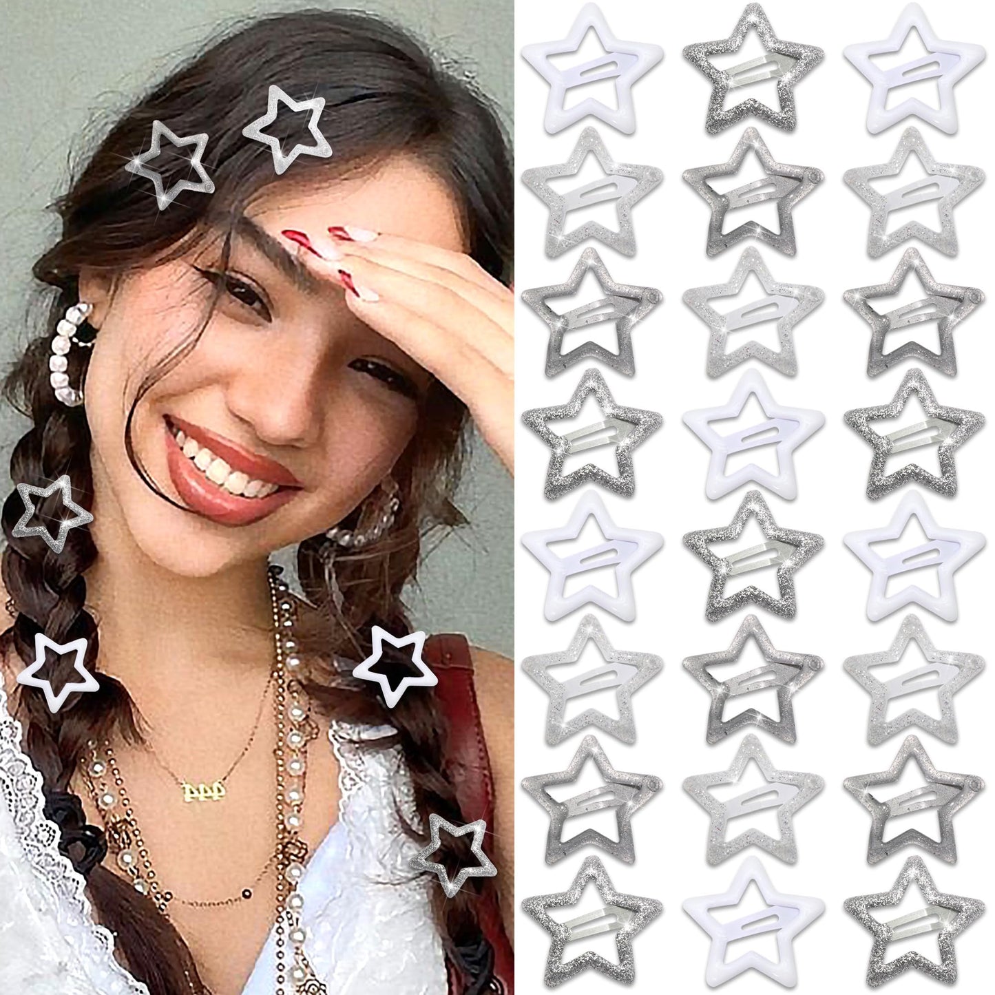 NAISKA 24Pcs Silver Star Sequins Hair Barrettes for Women Y2k Non Slip Hair Clips Star Clips for Hair Cute Small Metal Snap Hair Barrettes for Girls Thick Thin Hair