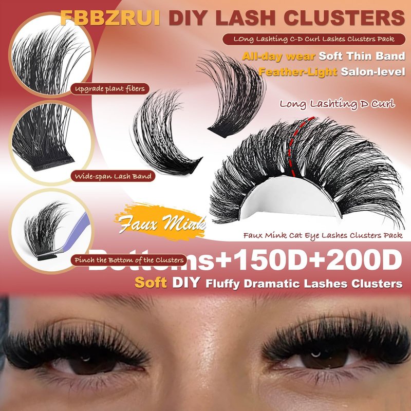 FUBBZRUI Lash Clusters with Bottoms Wispy Dramatic Individual Lashes D Curl 12-22mm Long Thick Mega Volume Eyelash Clsuters 150D+ 200D DIY Lash Extension