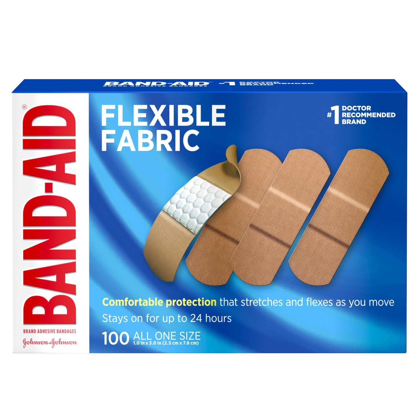 BAND-AID Brand Flexible Fabric Adhesive Bandages, Comfortable Sterile Wound Care and Flexible Protection for Minor Cuts, Scrapes & Burns, A Must for First Aid Kits, Non-Stick Pad, One Size, 100 Count