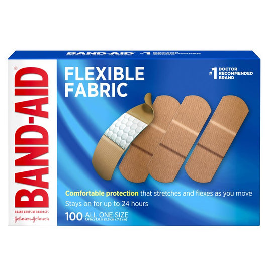 BAND-AID Brand Flexible Fabric Adhesive Bandages, Comfortable Sterile Wound Care and Flexible Protection for Minor Cuts, Scrapes & Burns, A Must for First Aid Kits, Non-Stick Pad, One Size, 100 Count