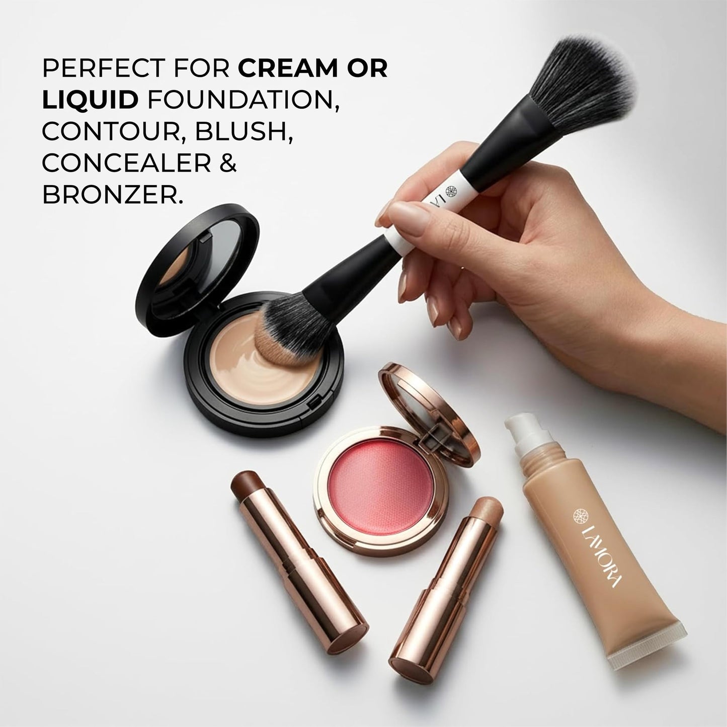 Lamora Liquid Bronzer + Contour Foundation Dual-Ended Makeup Brush - Full Face Duo Makeup Kabuki Brush for Cream or Liquid Blush Concealer Highlighter - Vegan, Cruelty-Free & Synthetic Bristles