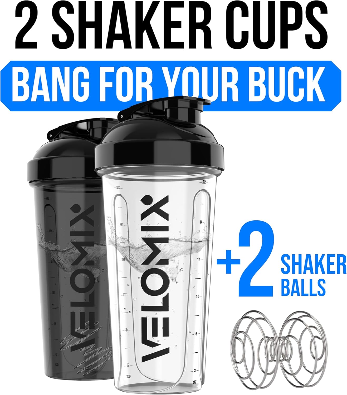 Protein Shaker Bottles - 28 oz Leak Proof Shaker Cups with 2 Wire Whisks | 2-Pack (Black/Transparent)