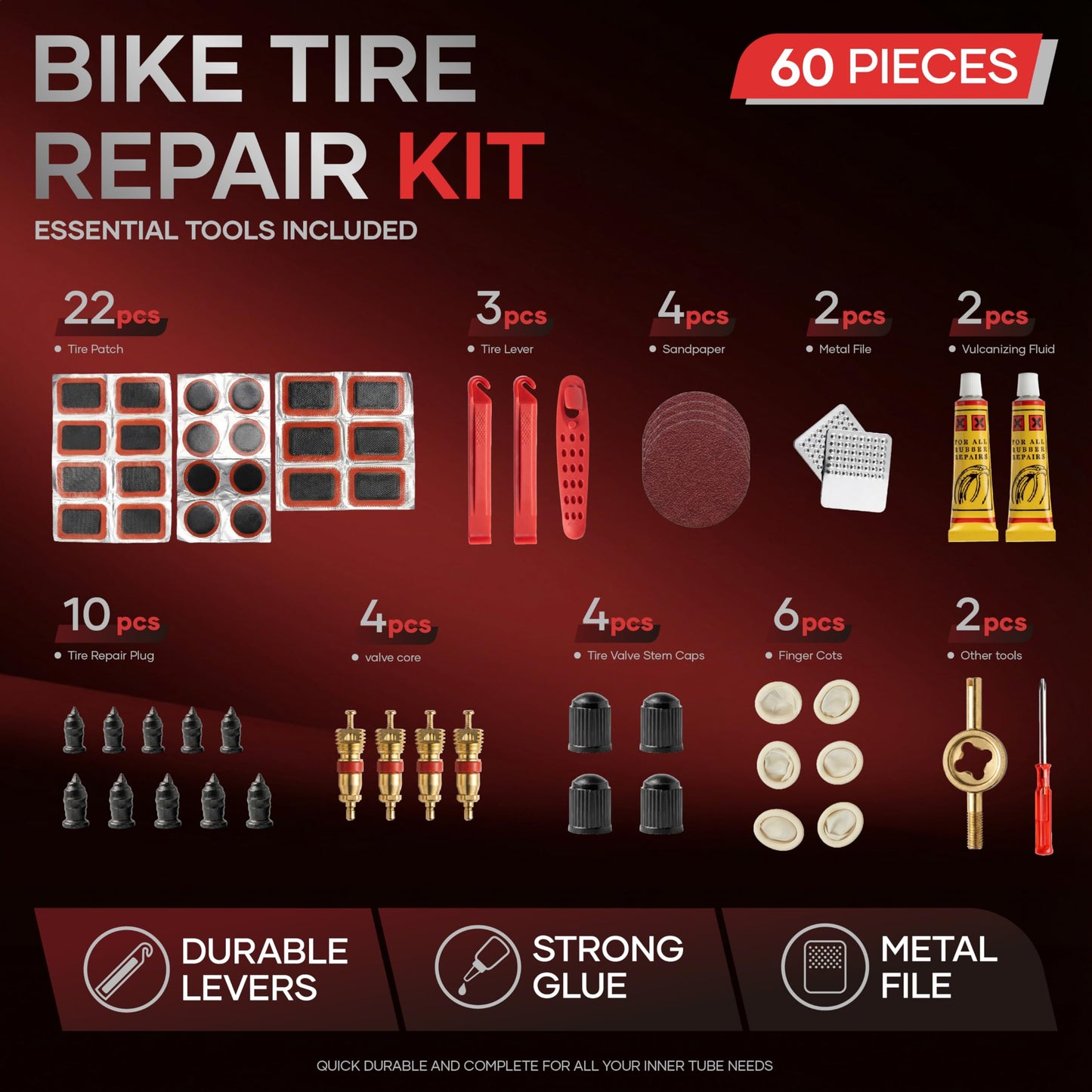 60Pics Bike Tire Repair Kit,Bicycle Inner Tube Patch Kit with Patches and Tire Levers ,Tubeless Tire Repair Rubber Nail with Box and Screwdriver,Convenient Kit for Mountain or Road Bike, Motorcycle