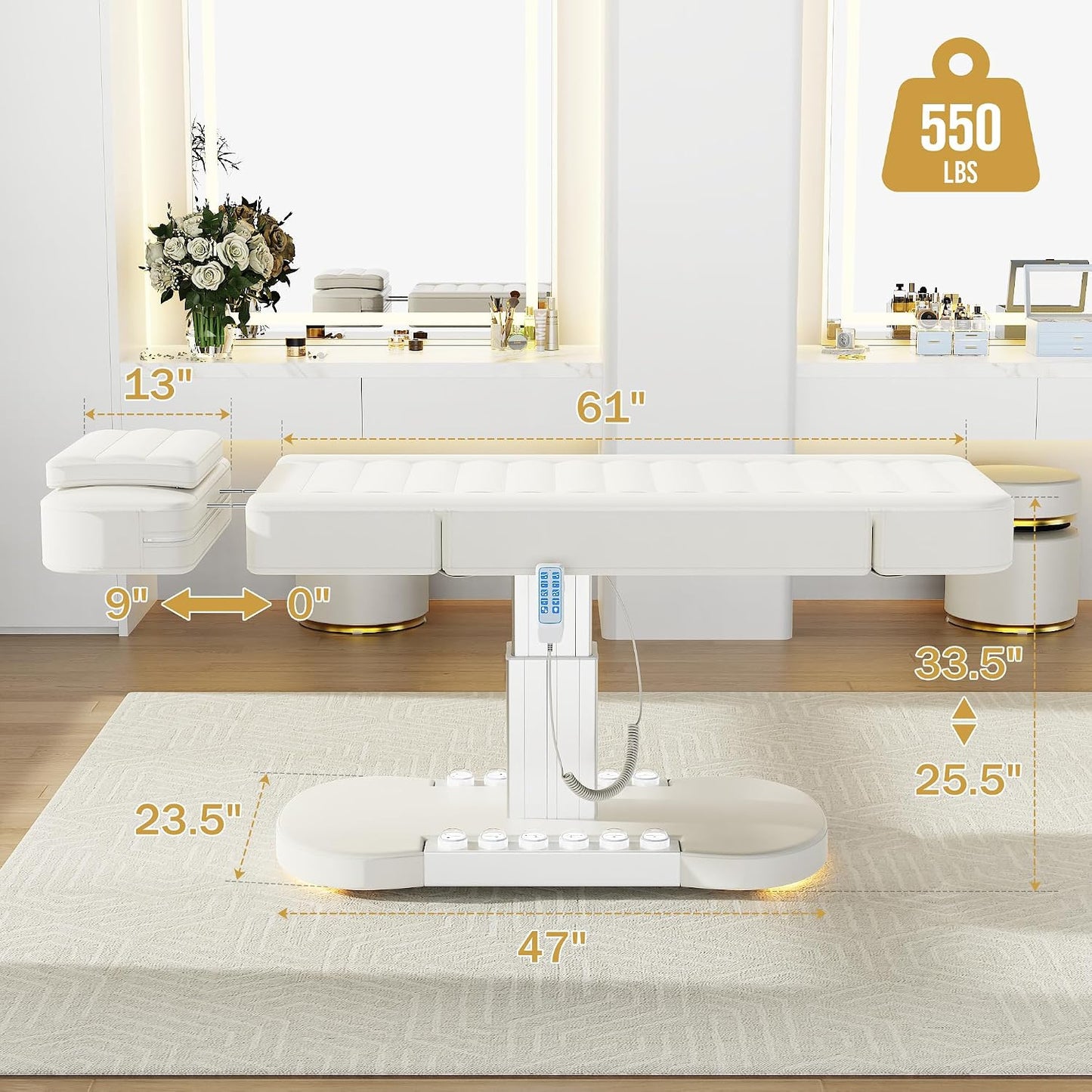 Electric Spa Table with LED Light - 3 Motor Adjustable Height, Backrest & Leg Support | White for Massage, Facial & Beauty Treatments