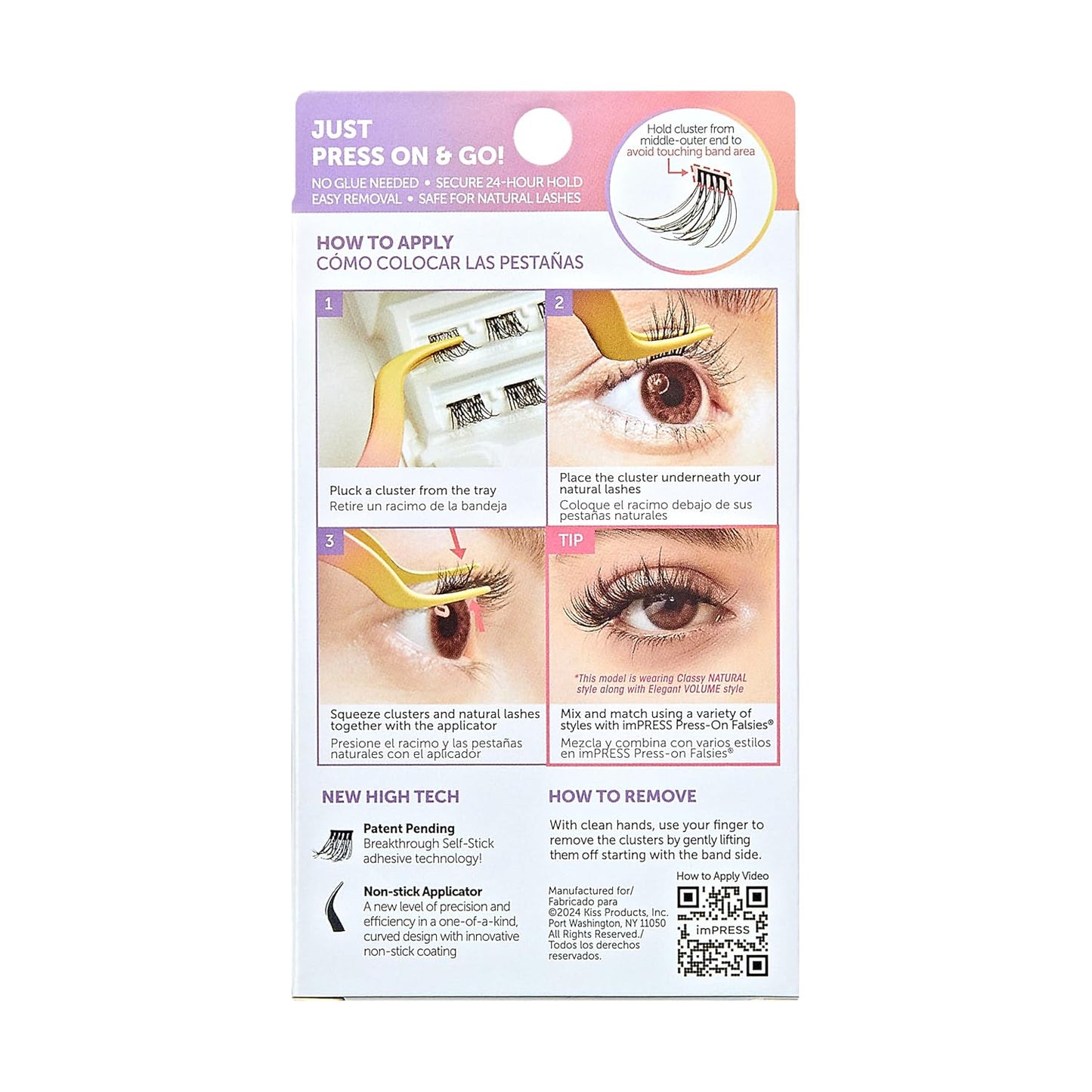 Kiss Impress Falsies Eyelashes - Self-Adhesive Natural Volume Lashes, 12mm-14mm, Black | No Glue, Invisible Band, 12 Clusters