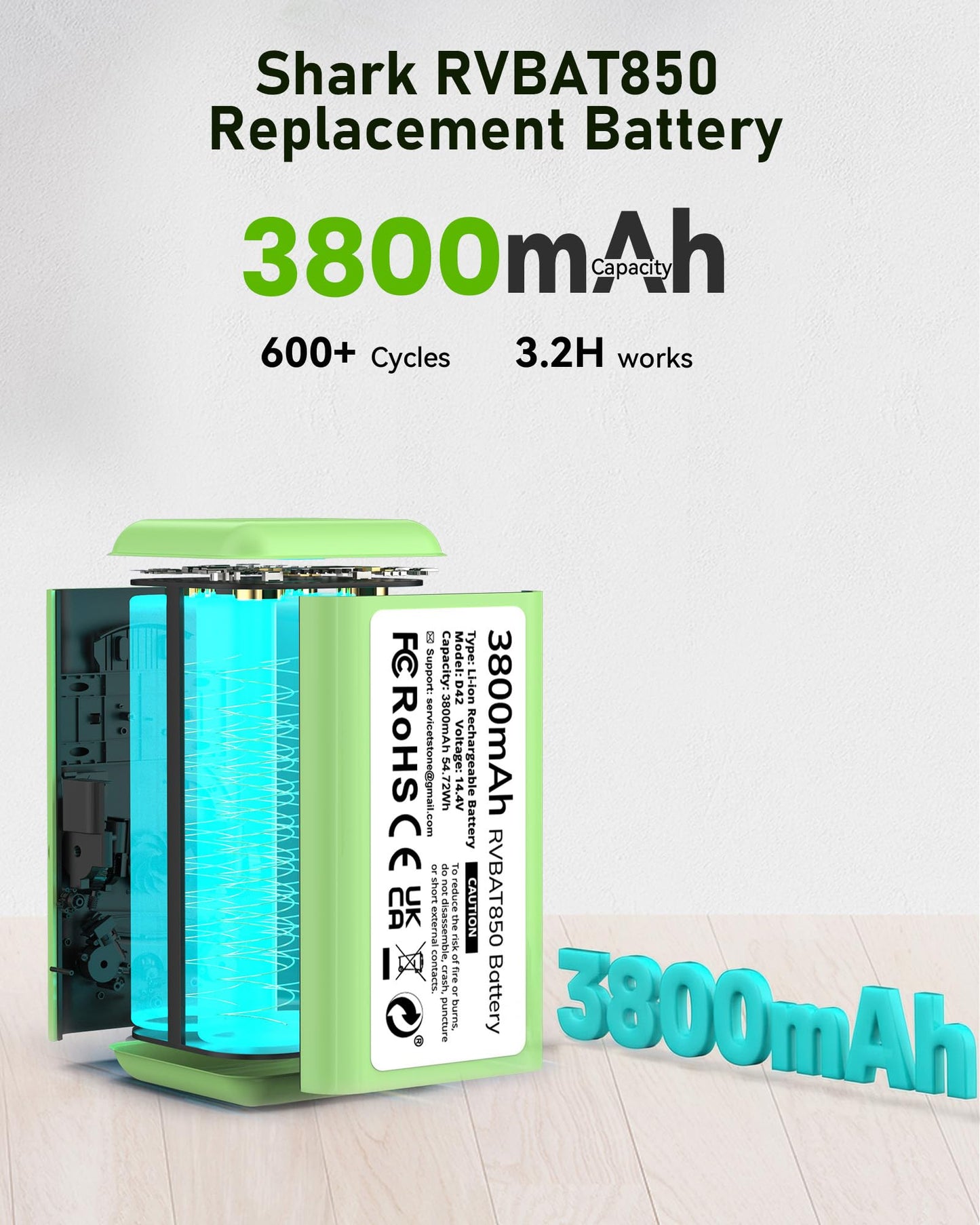 3800mAh RVBAT850 Battery, Battery Replacement for Shark Vacuum, Suitable for Rvbat850 Shark Ion-battery R75, RV761, RV850C, RV1000S, RV1100VL, RV101AE, UR1000SR, RV700_N, RV720_N(2-Prong Connector)