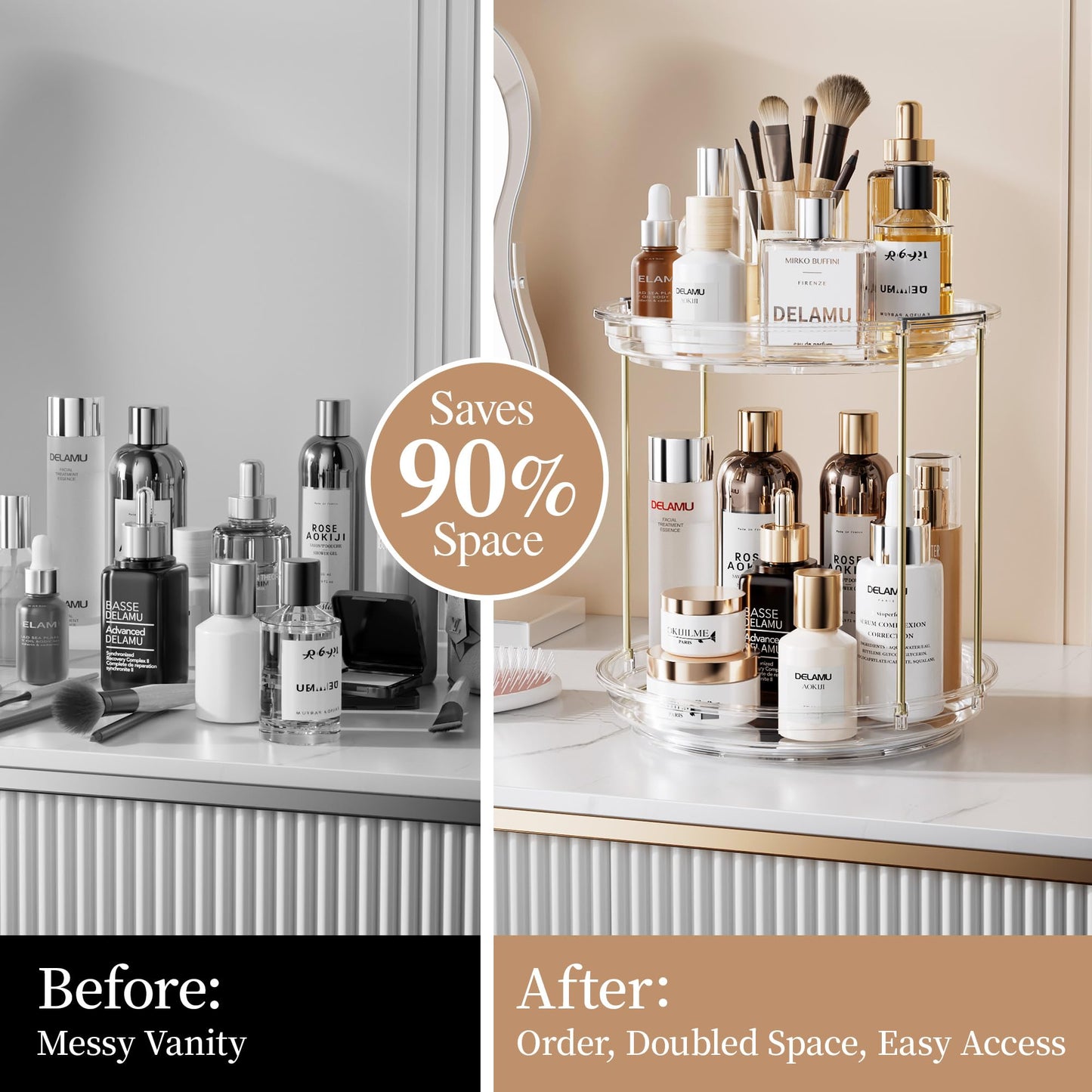 Delamu Rotating Makeup Organizer for Vanity, 2 Tier Bathroom Counter Organizer with Stackable Design, Spinning Skincare Organizer for Bathroom Countertop, Perfume Cosmetic Storage, Clear