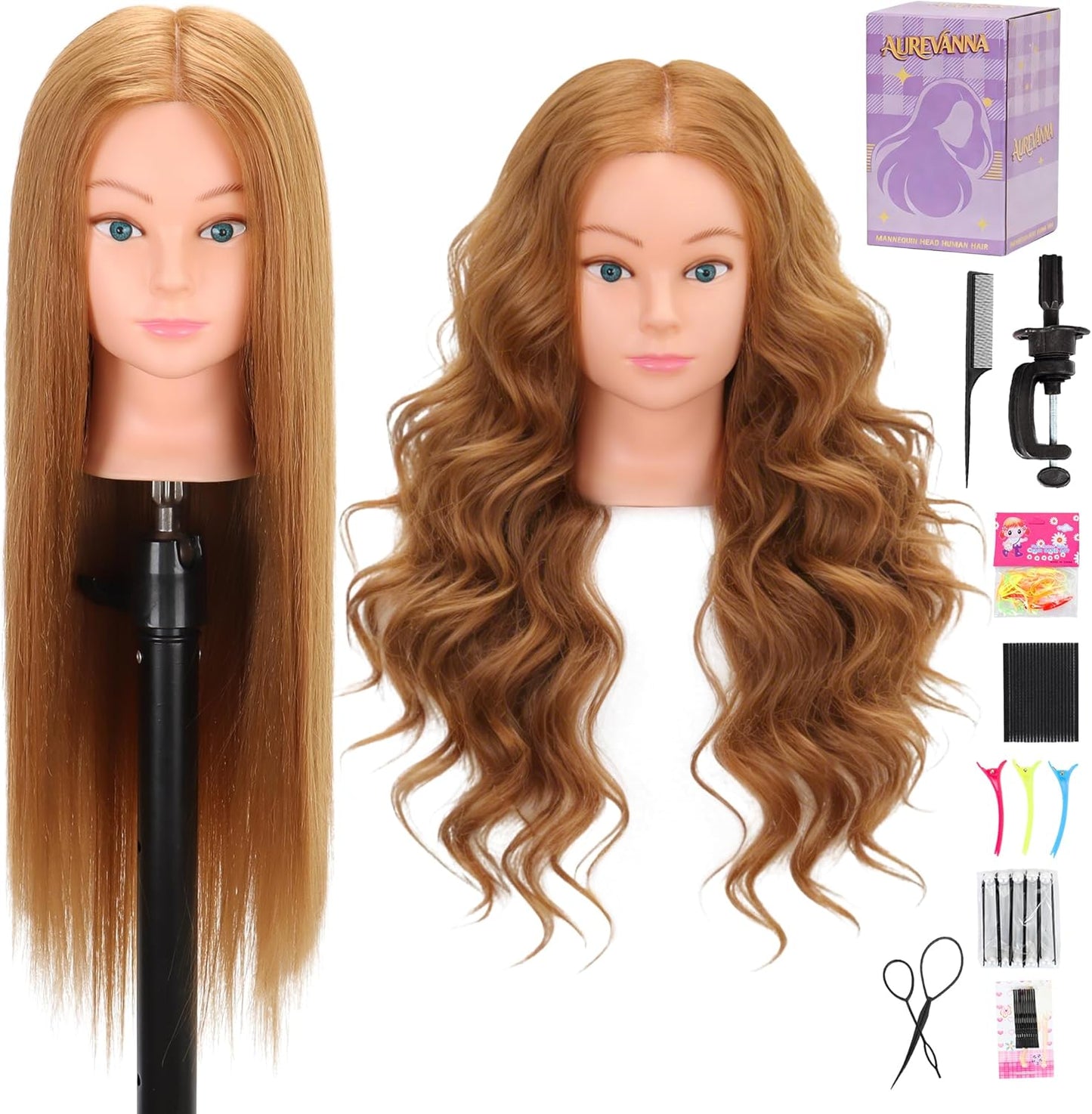 Mannequin Head - 80% Real Hair Cosmetology Training Tool | 26-28" Light Brown with Clamp Holder