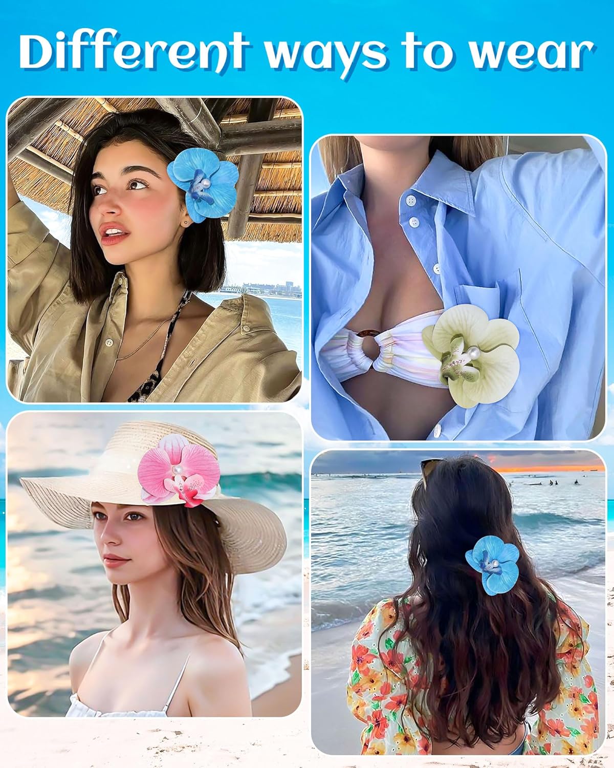 Hawaiian Flower Hair Clips - 3Pcs Butterfly Orchid Barrettes | Summer Beach Accessories (Green, Pink, Blue)