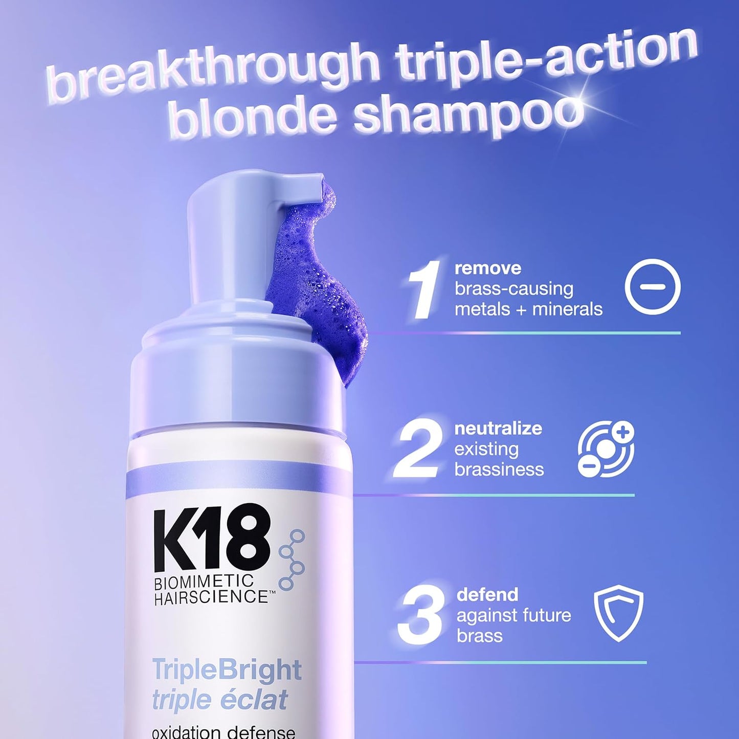 K18 TripleBright Purple Shampoo - Oxidation Defense for Brighter Blonde | Non-Staining, 4.2 Fl Oz