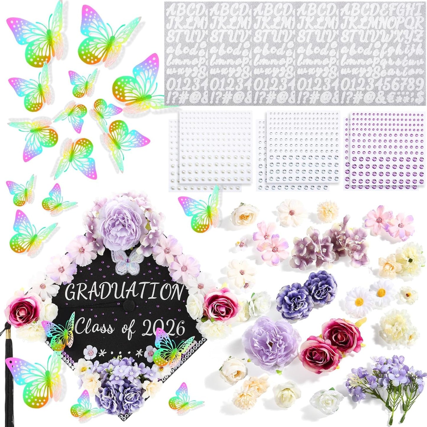 DIY Graduation Cap Decorations Kit - Faux Flowers, 3D Butterflies & Rhinestones | Pink Grad Cap Topper for 2026