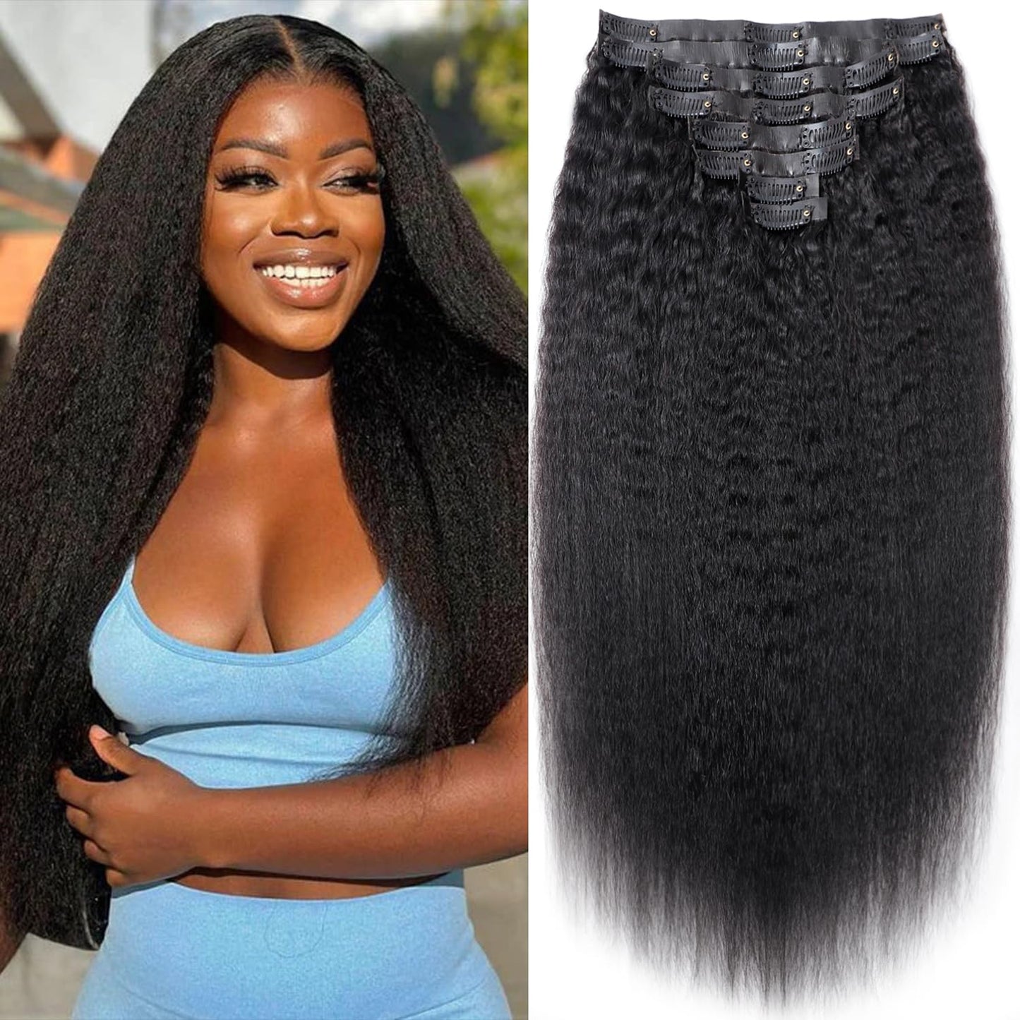 Mihugass Seamless Kinky Straight Clip In Hair Extensions Human Hair Natural Blend Kinky straight Clip Ins for Black Women Soft Full Volume Invisible Weft Not Flat 22 Inch 8Pcs 120g