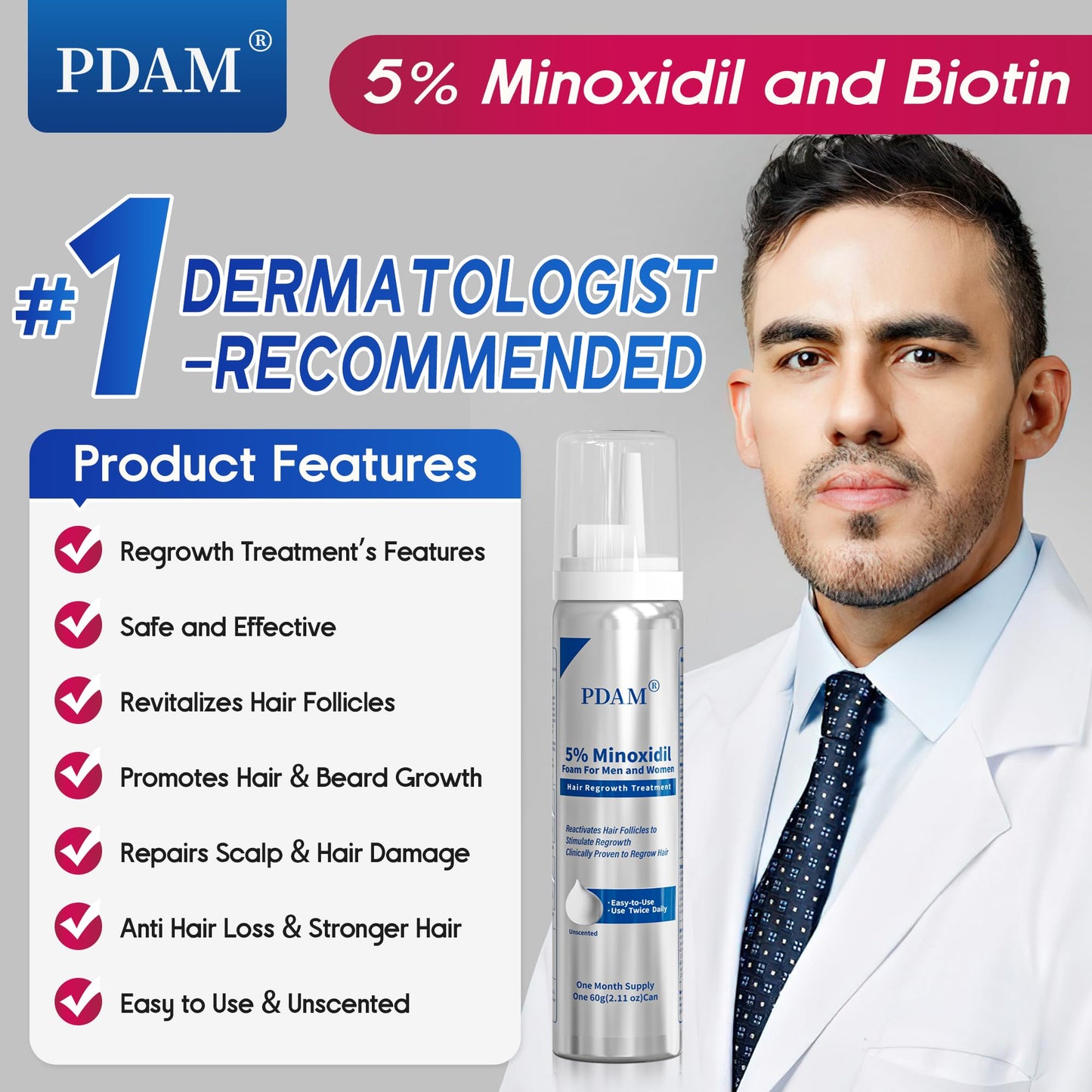 PDAM 5% Minoxidil for Men and Women Foam – Clinically Proven Regrowth for Thinning Hair, Topical Hair Loss Treatment, Extra Strength Foam for Thicker, Fuller Hair, 4-Month Supply (4 x 2.11 oz)