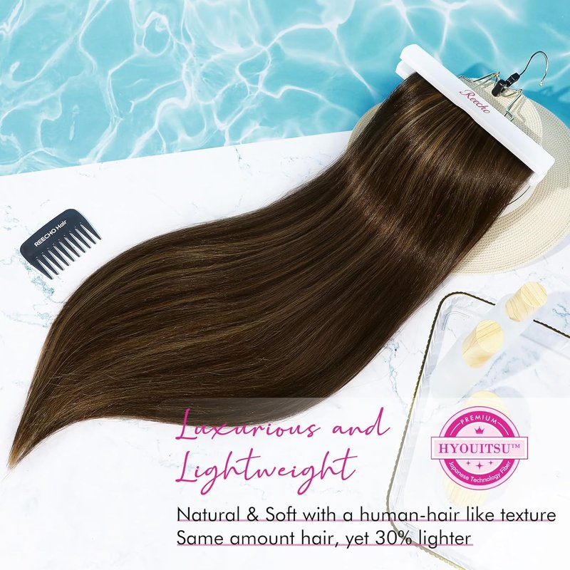 REECHO 28" Straight Long Clip-In Hair Extensions | Thick Dark Brown with Highlights - 4 PCS Set