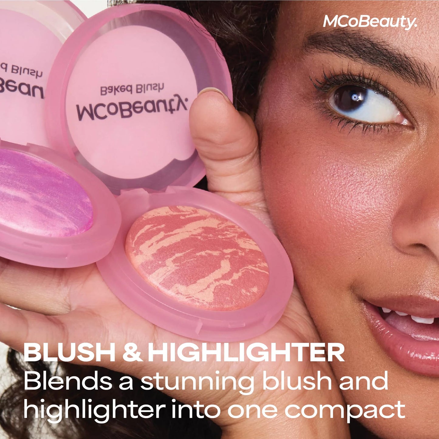 MCoBeauty Baked Blush - Rose Gold - 2-in-1 Luminous Cheek Color & Highlighting Powder - Marbled Buildable Pressed Blush with Jojoba Oil Squalane Hyaluronic Acid - Shimmer Makeup - Vegan & Cruelty Free