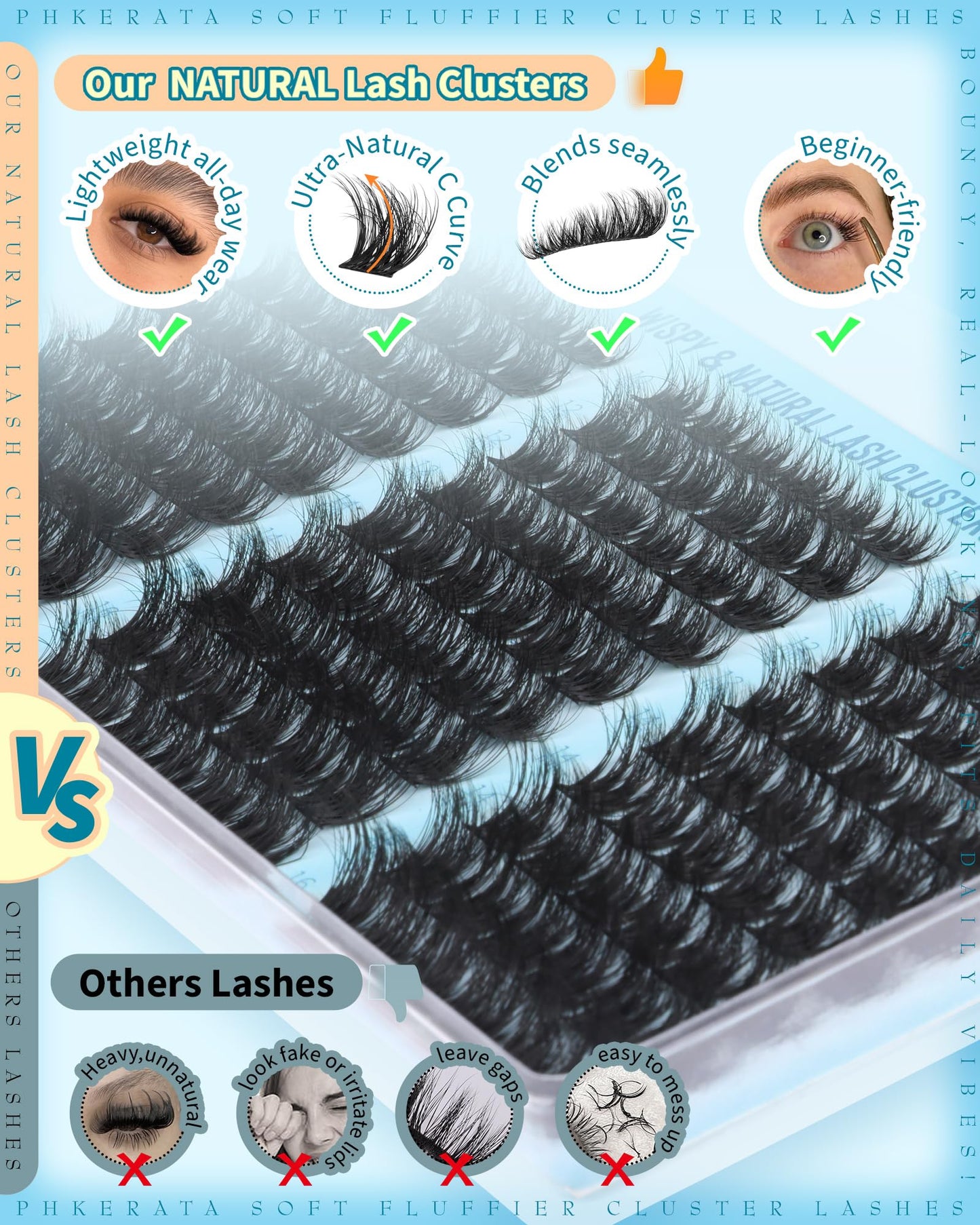 PHKERATA Fluffy Lash Clusters Wispy Eyelash Clusters Natural C Curl Cluster Eyelash Extensions Volume Individual Lashes DIY Eyelash Extension with Soft Thin Band, 10-16mm