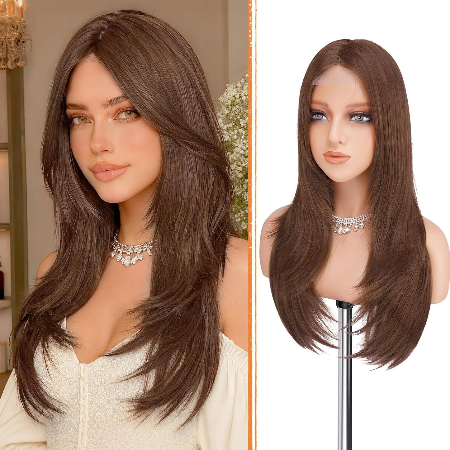 Blonde Wig with Curtain Bangs - Lace Front Long Layered Synthetic Hair for Women | 24 Inch Natural Look