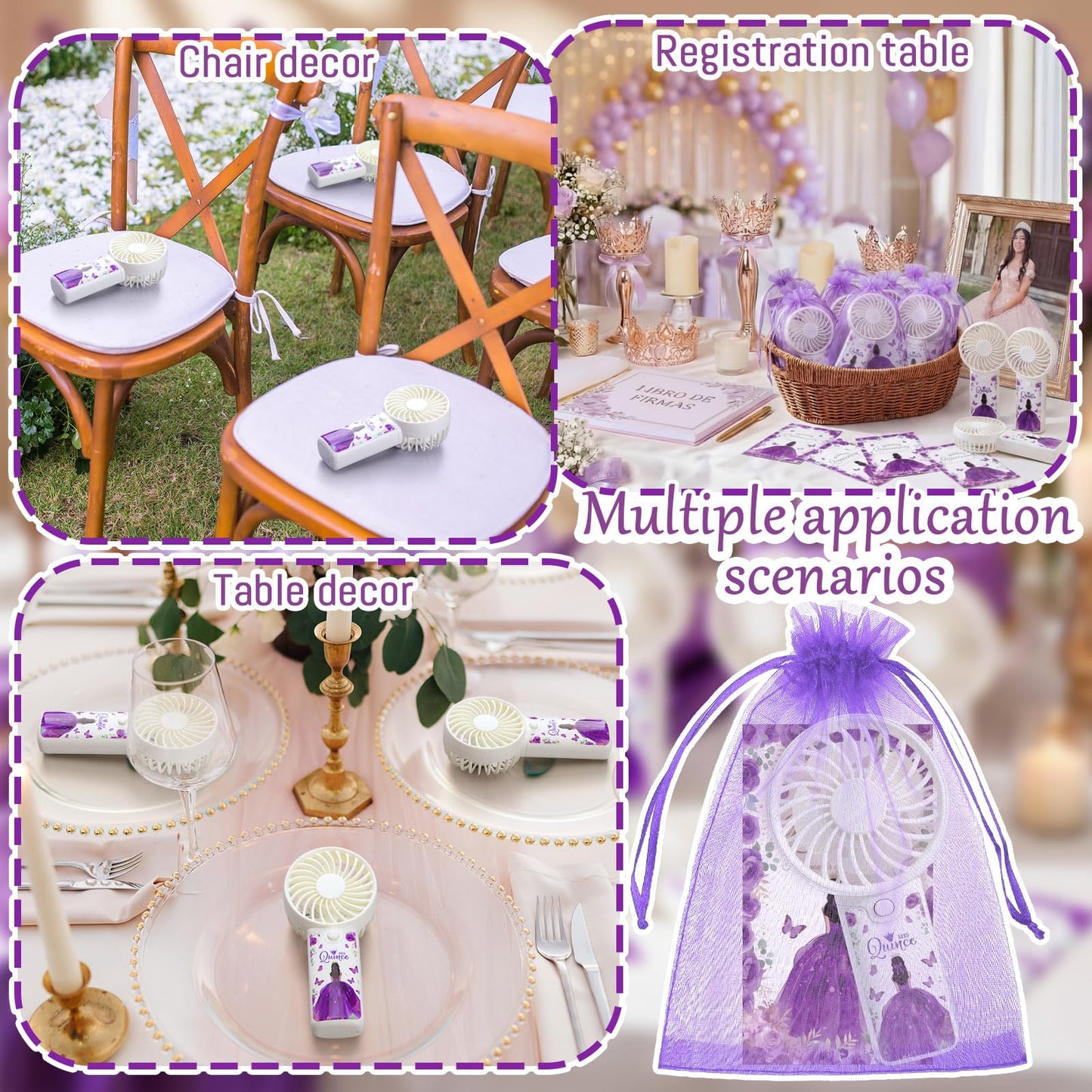 Tuanse 25 Set Recuerdos Para 15 Años Quinceañeras Quinceanera Fan Party Favors Gifts for Guests Portable Handheld Electric Fans with Thank You Cards Organza Bags for Birthday Decor Guests(Purple)