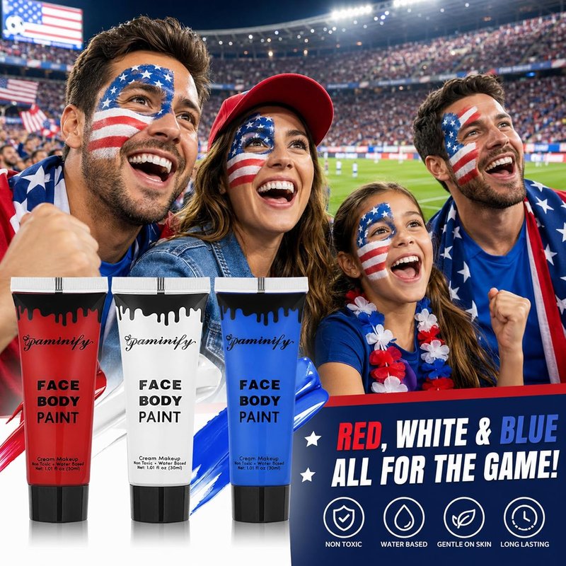 Patriotic Face Paint Kit - Red, White & Blue Body Paint for 4th of July | 1.01oz with Sponges for Sports & Halloween Costumes