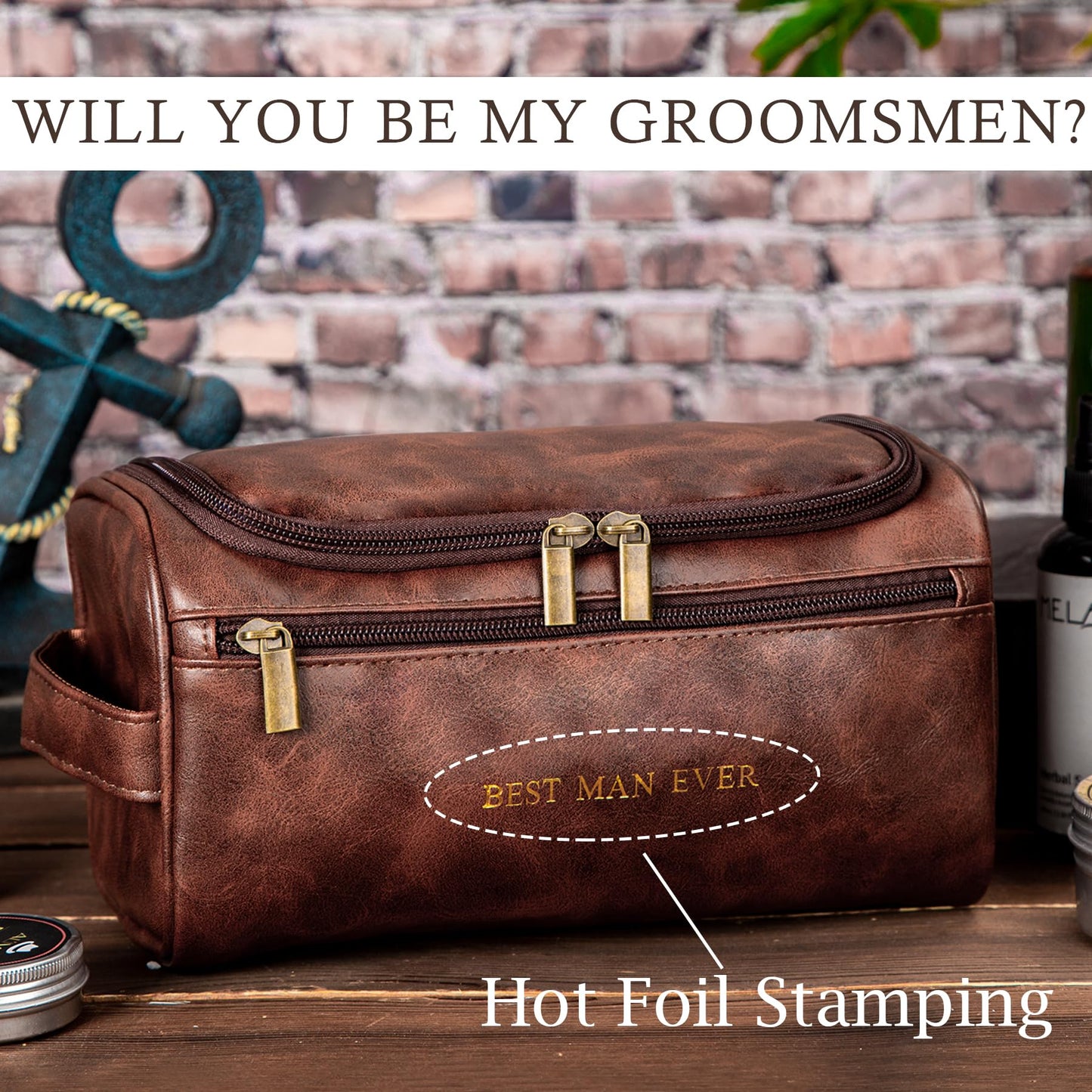 Flycalf Personalized Mens Toiletry Bag for Men BEST MAN EVER Gold Foil Stamped Leather Travel Shaving Dopp Kit Groomsmen Gifts Dad Husband Boyfriend Wedding Birthday (Brown)