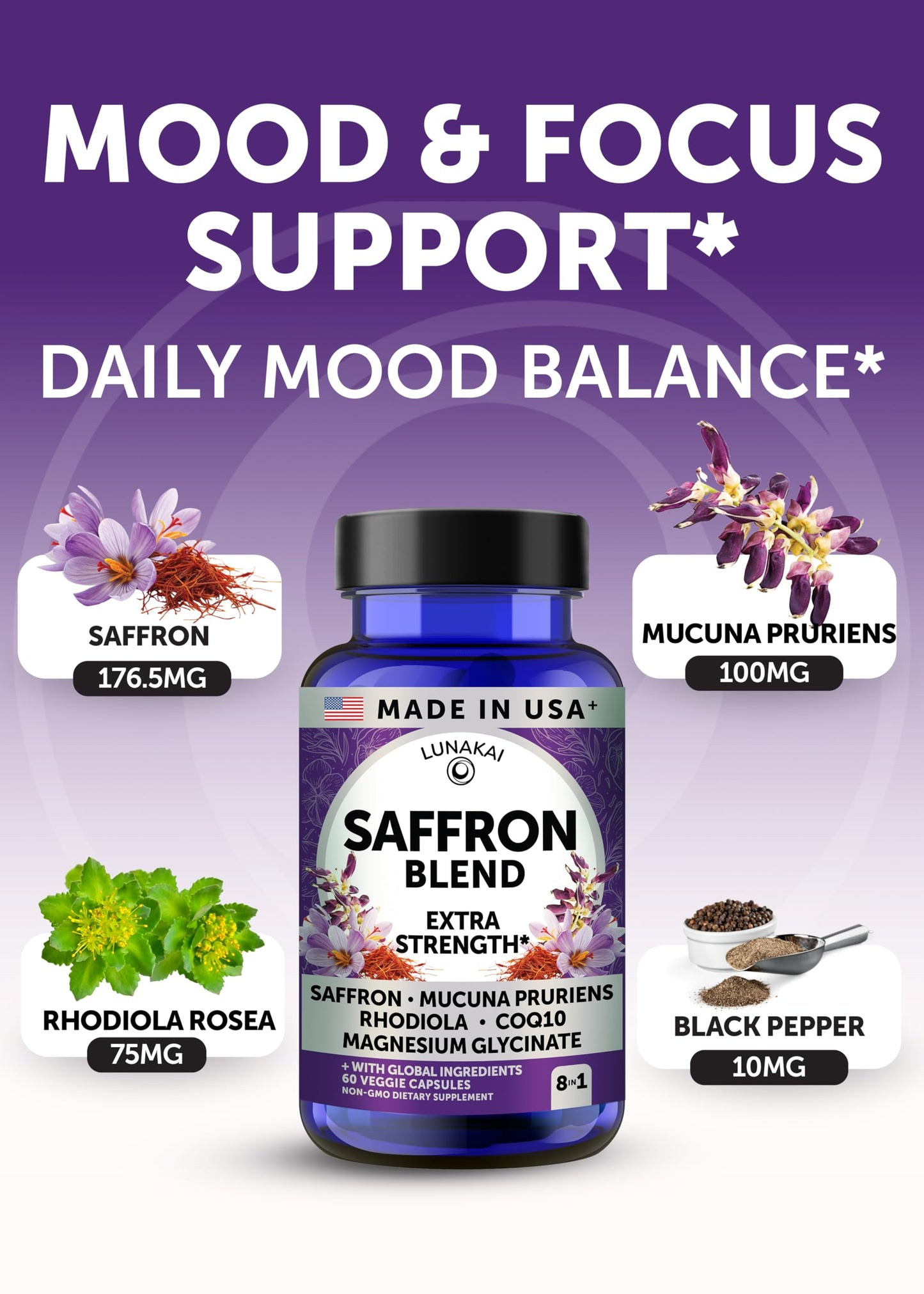 Lunakai USA Made Saffron Supplements for Women & Men 176mg – 8-in-1 Saffron Extract Capsules with Rhodiola & Mucuna for Daily Mood, Focus & Eye Support, Non-GMO, 60ct