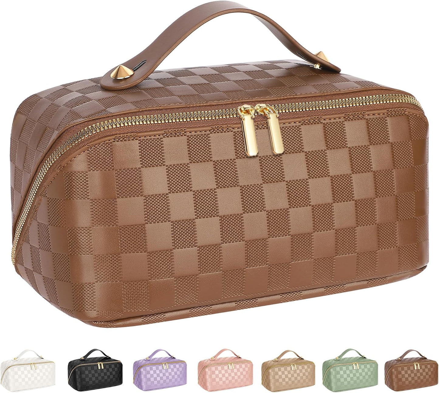 Large Capacity Travel Cosmetic Bag - Waterproof PU Leather Makeup Organizer with Dividers | Stylish Checkered Design
