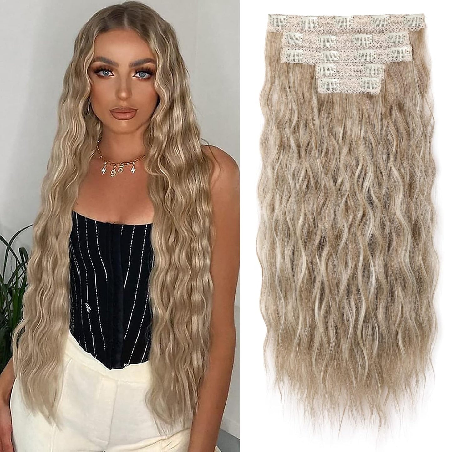 Clip In Hair Extensions - 24" Thick Long Loose Waves | Invisible Lace Weft, Natural Soft Hairpieces - Chocolate Brown with Blonde Highlights