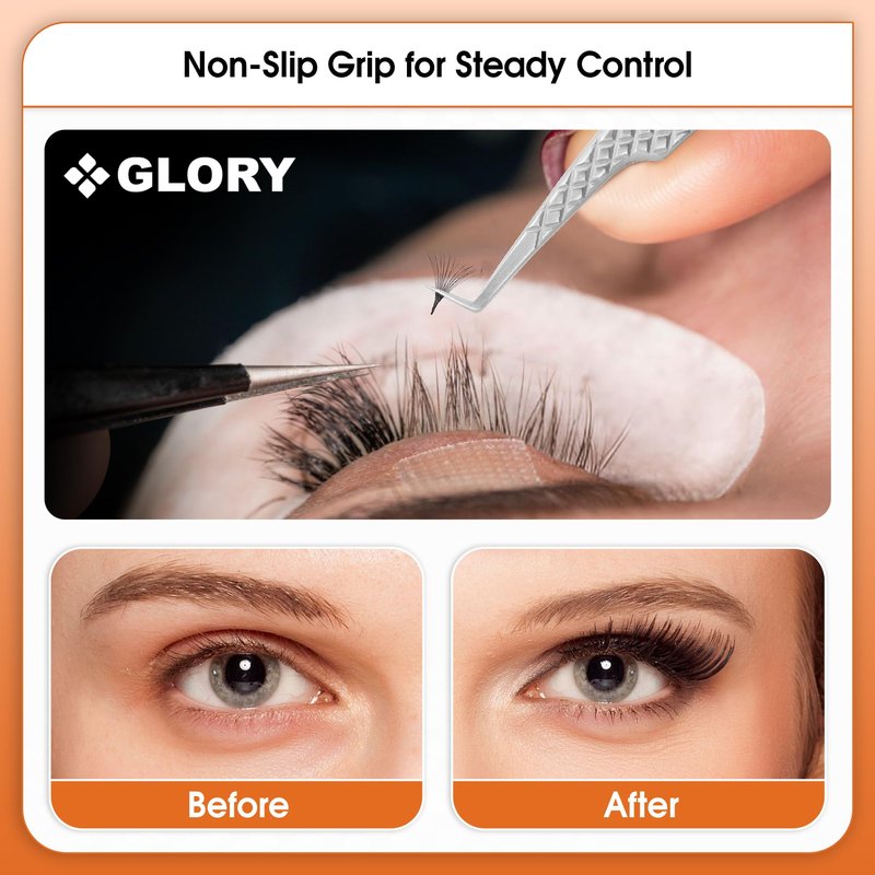Glory 90 Degree Angle Lash Tweezers for Eyelash Extensions – Precision Fiber Tip Diamond Grip Stainless Steel Lash Tool for Mega Volume, Classic & Professional Lash Tech Supplies