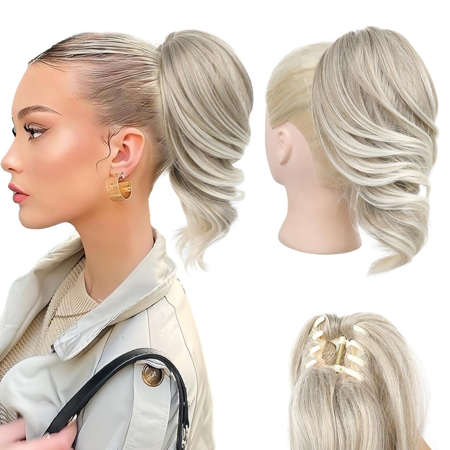Ponytail Extension - 12" Claw Clip In Natural Wave Hair Piece for Women | Light Blonde