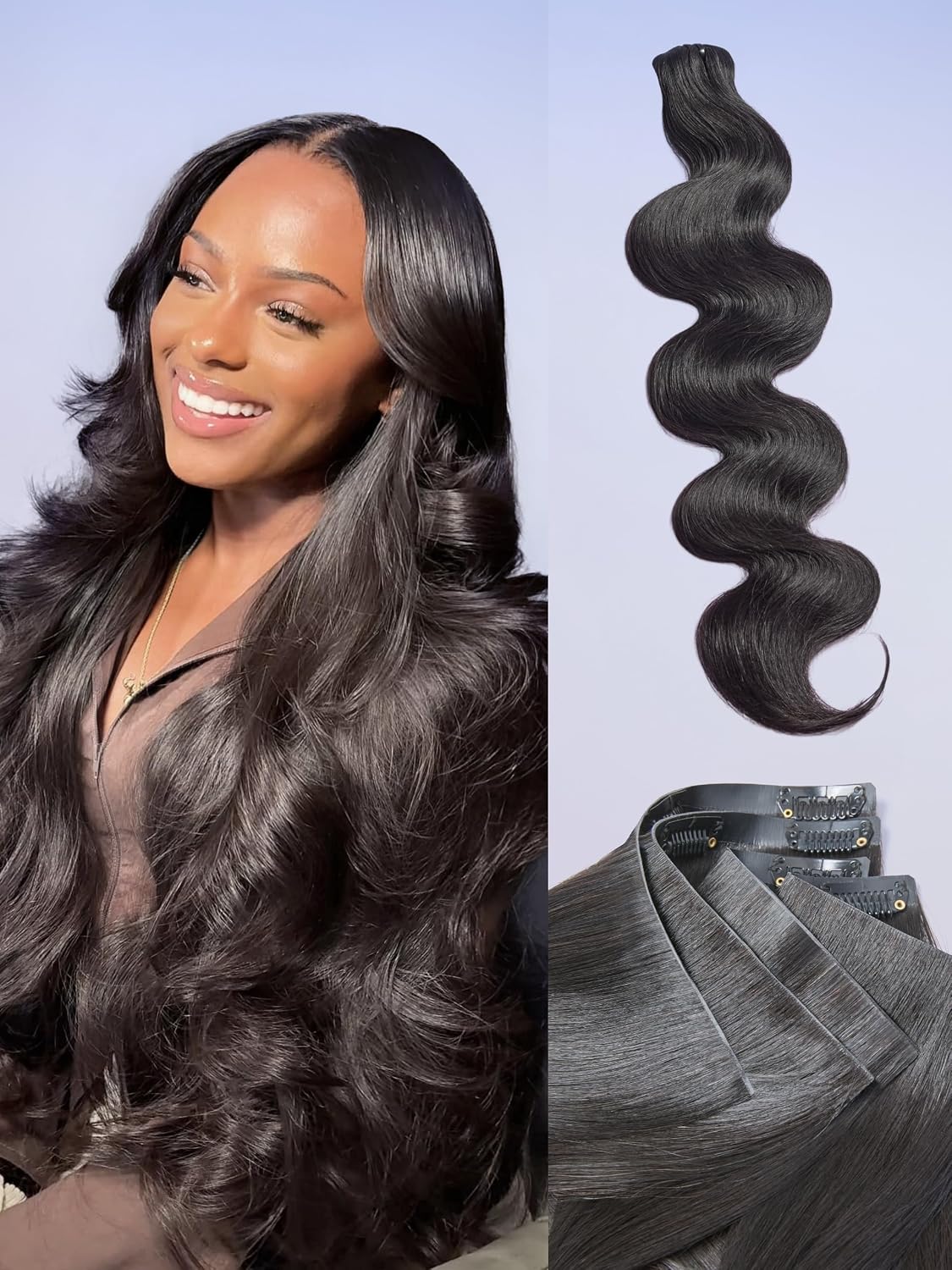 LUVME Invisible Clip-In Hair Extensions - 0.59mm Yaki Straight 24 Inch, 100% Real Human Hair, 6 Pcs 100g | Wider Wefts for Easy Sectioning