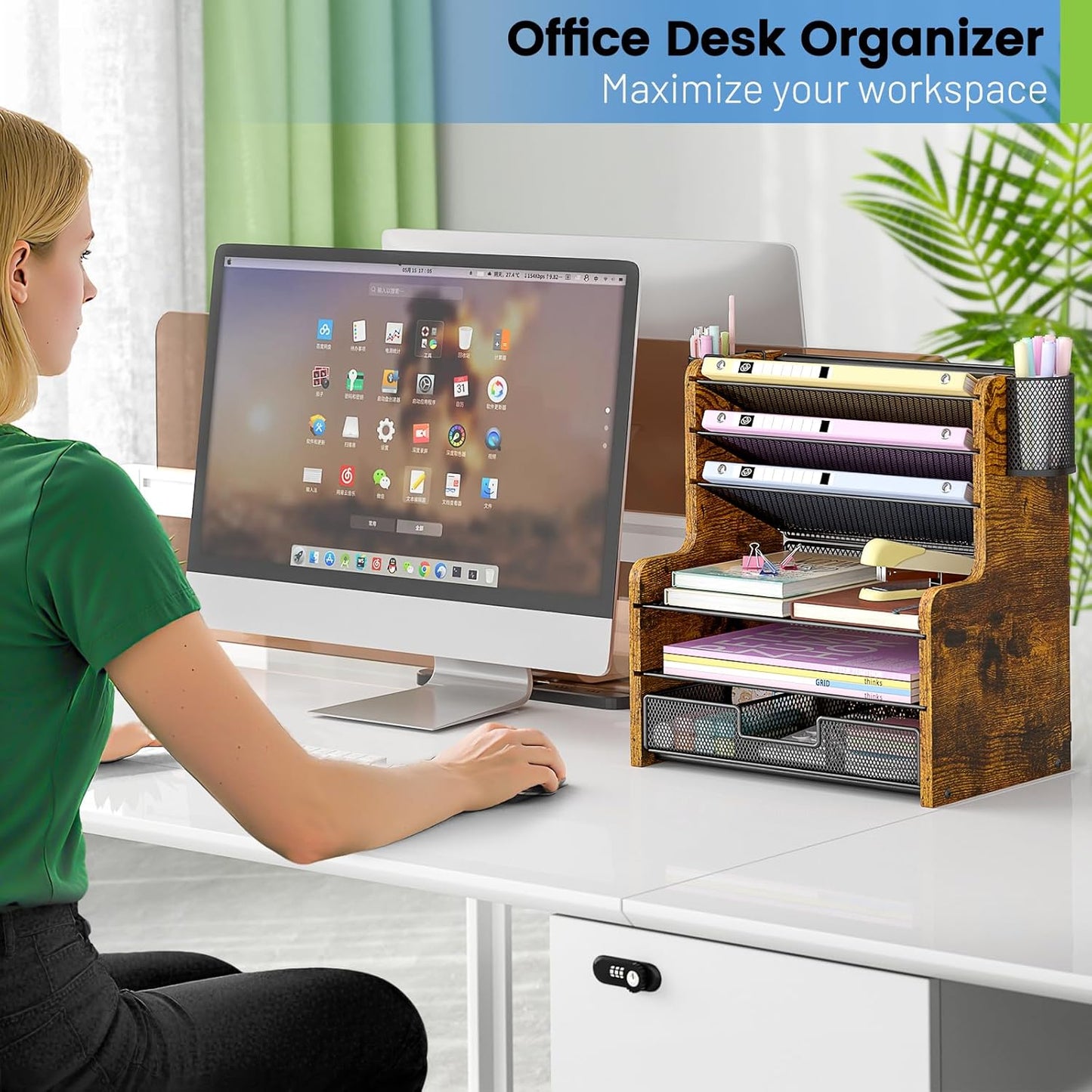 6-Tier Mesh Desk Organizer with Drawer | Sturdy Wooden Office Organizer for Papers & Folders - Space-Saving Design