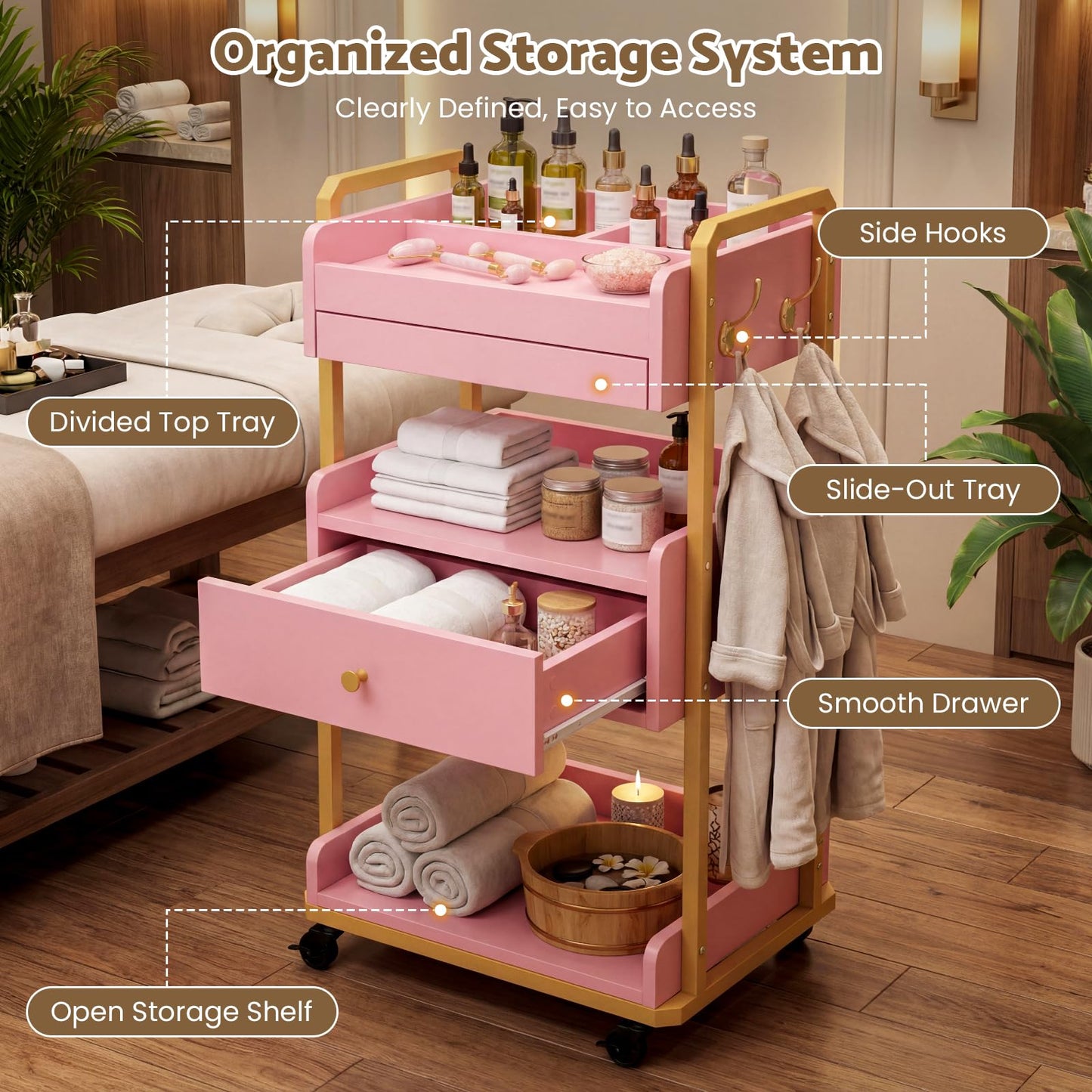 Salon Spa Cart with Wheels & Drawer, 3-Tier Rolling Beauty Storage Cart with Slide-Out Tray, Mobile Salon Cart for Esthetician, Beauty Salon and Spa Use (Pink)