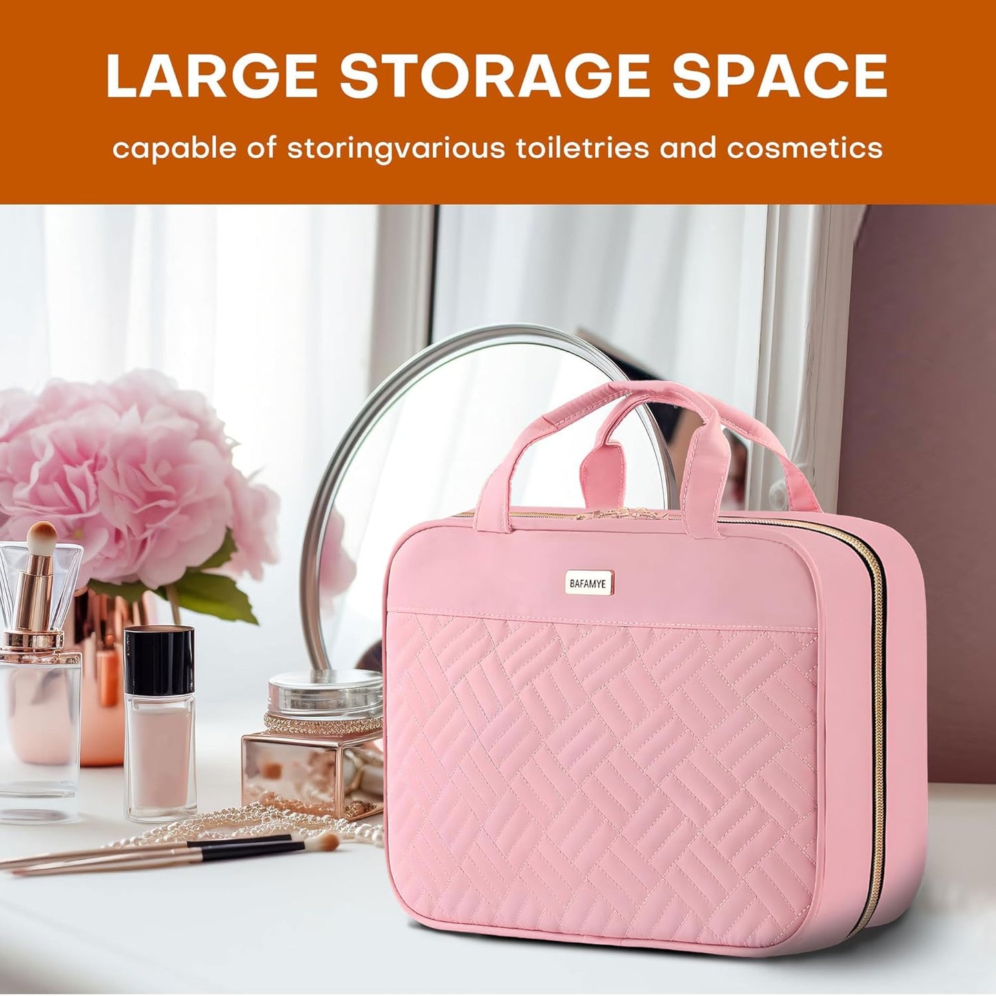Toiletry Bag - Water-Resistant Travel Organizer with Hanging Hook | Large Light Pink for Makeup & Accessories