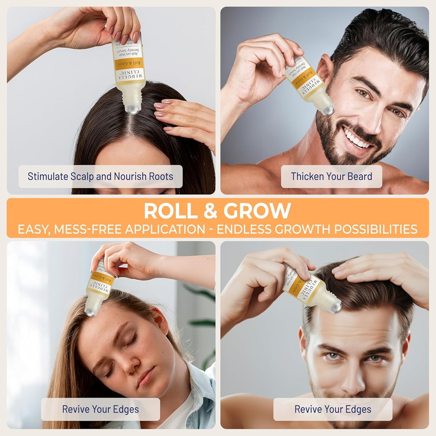 Hair Growth Serum Roll-On | 5% Rosemary & 3% Protein for Scalp Thickening - Non-Greasy Treatment, 1 fl oz (30 ml)